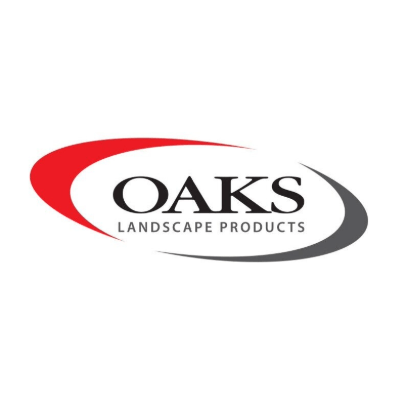 The image displays the logo for OAKS Landscape Products, featuring red and gray curved lines with text on a white background.