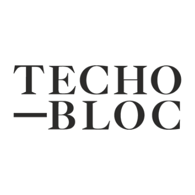 The image displays the logo for "Techo-Bloc," a company known for producing landscape and masonry materials. The logo features bold, black text on a white background.