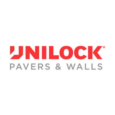 The image features the Unilock logo, displaying the text "UNILOCK PAVERS & WALLS" in red and gray letters. The design emphasizes construction materials.