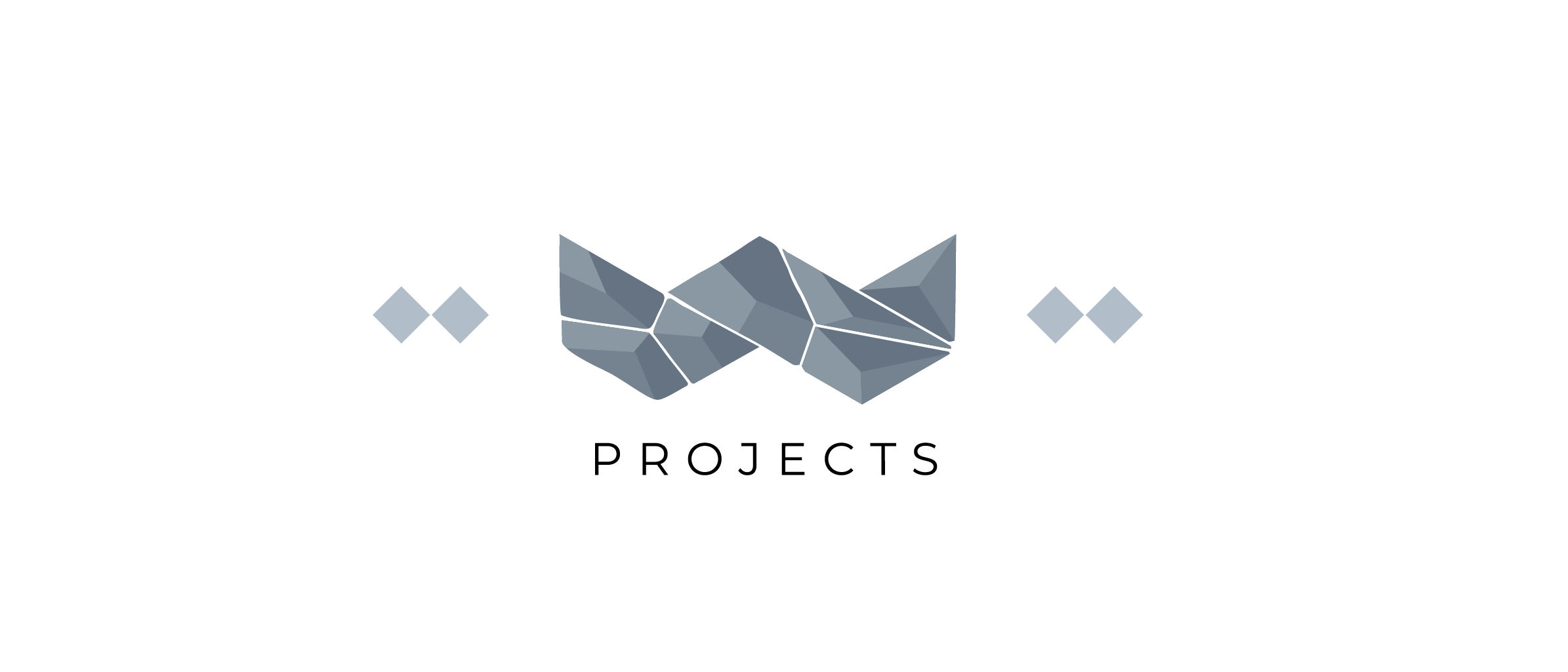 A geometric, blue-gray logo in the center with the word "PROJECTS" below and diamond shapes around, set on a green background.