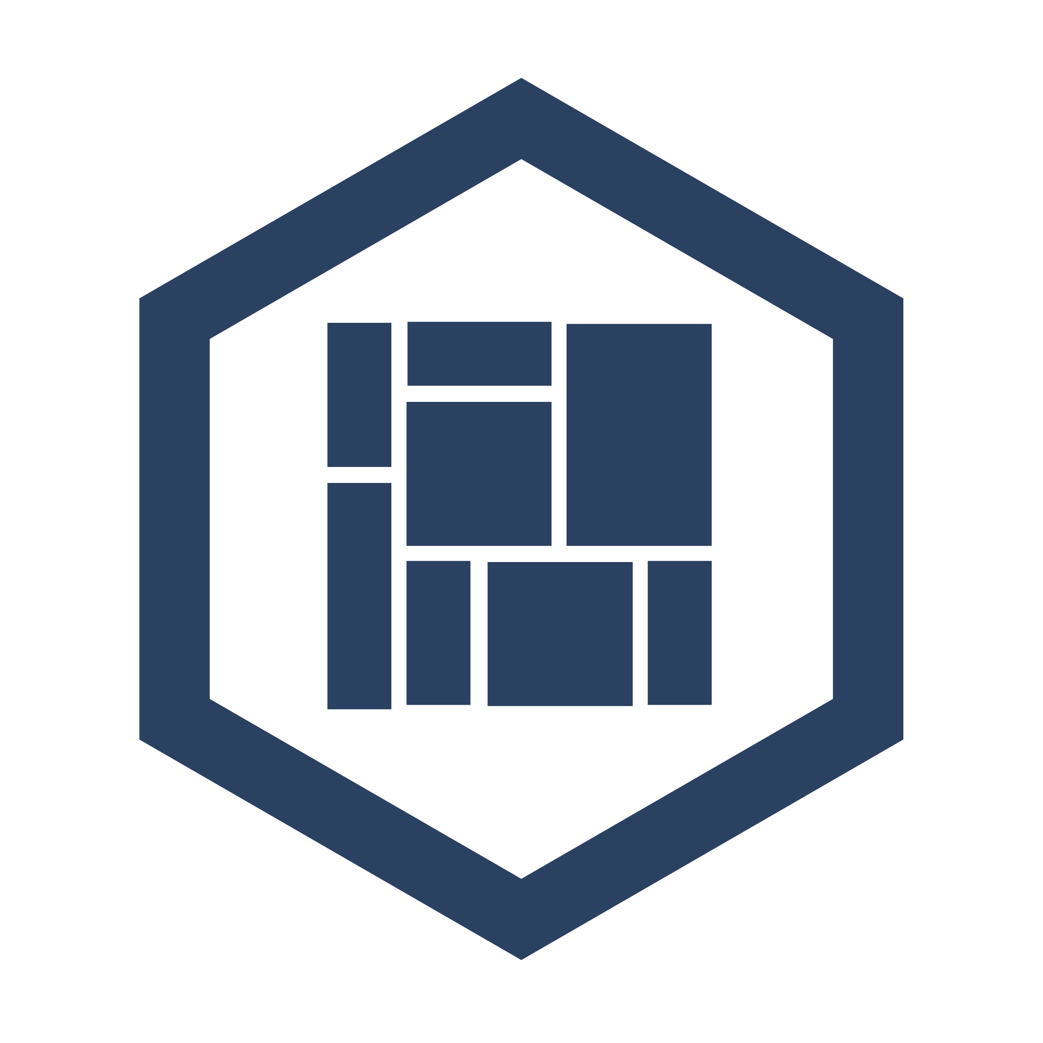 This image is a logo featuring a blue hexagon enclosing blue rectangular shapes, resembling a stylized building or cityscape.
