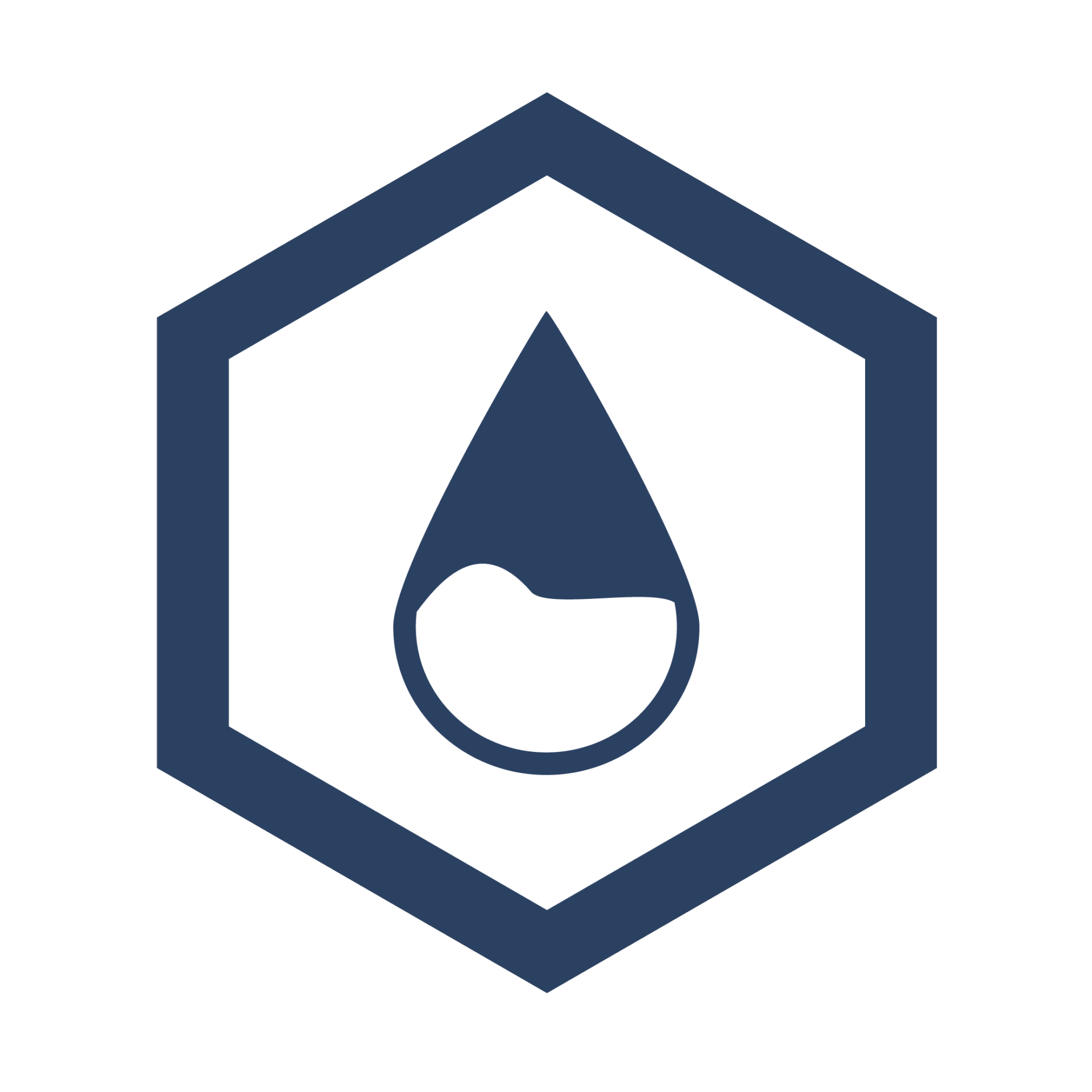 A hexagonal logo features a navy outline with a navy water drop icon containing a white circular wave inside, set against a white background.