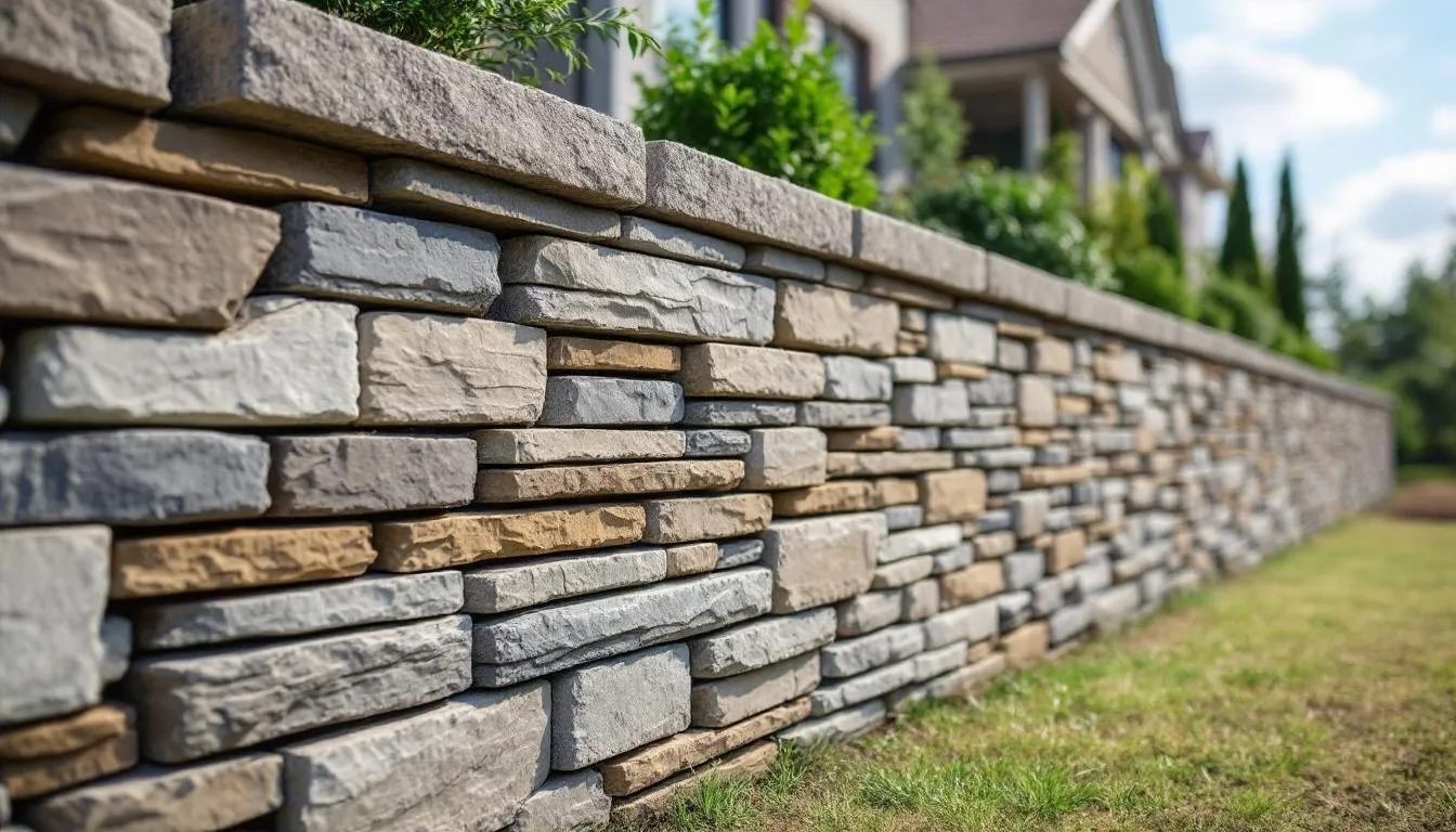 Picture of a stone retaining wall, designed by winstorm projects.