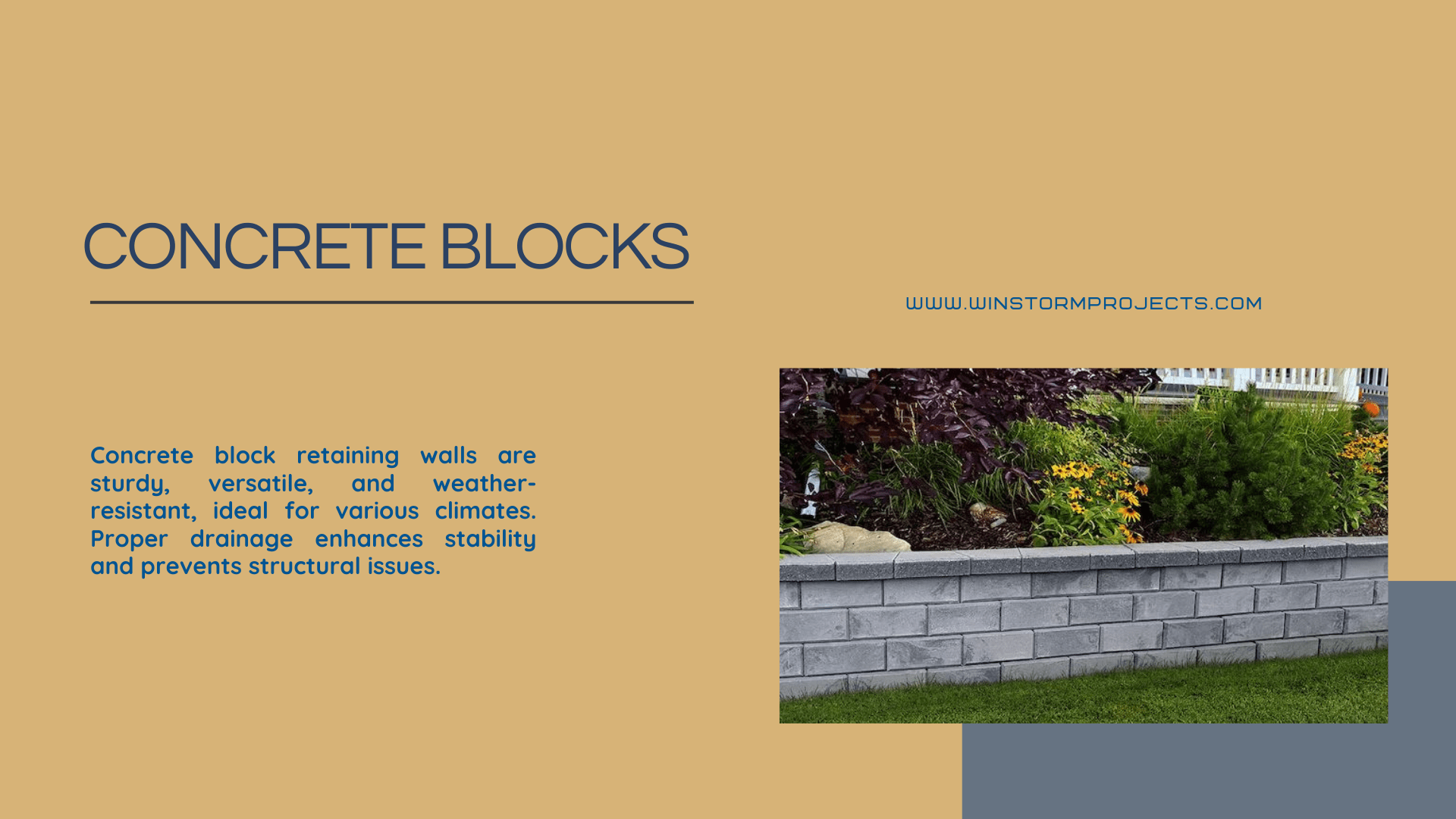 The image features a garden with a concrete block retaining wall, surrounded by colorful flowers and greenery on a warm beige background.