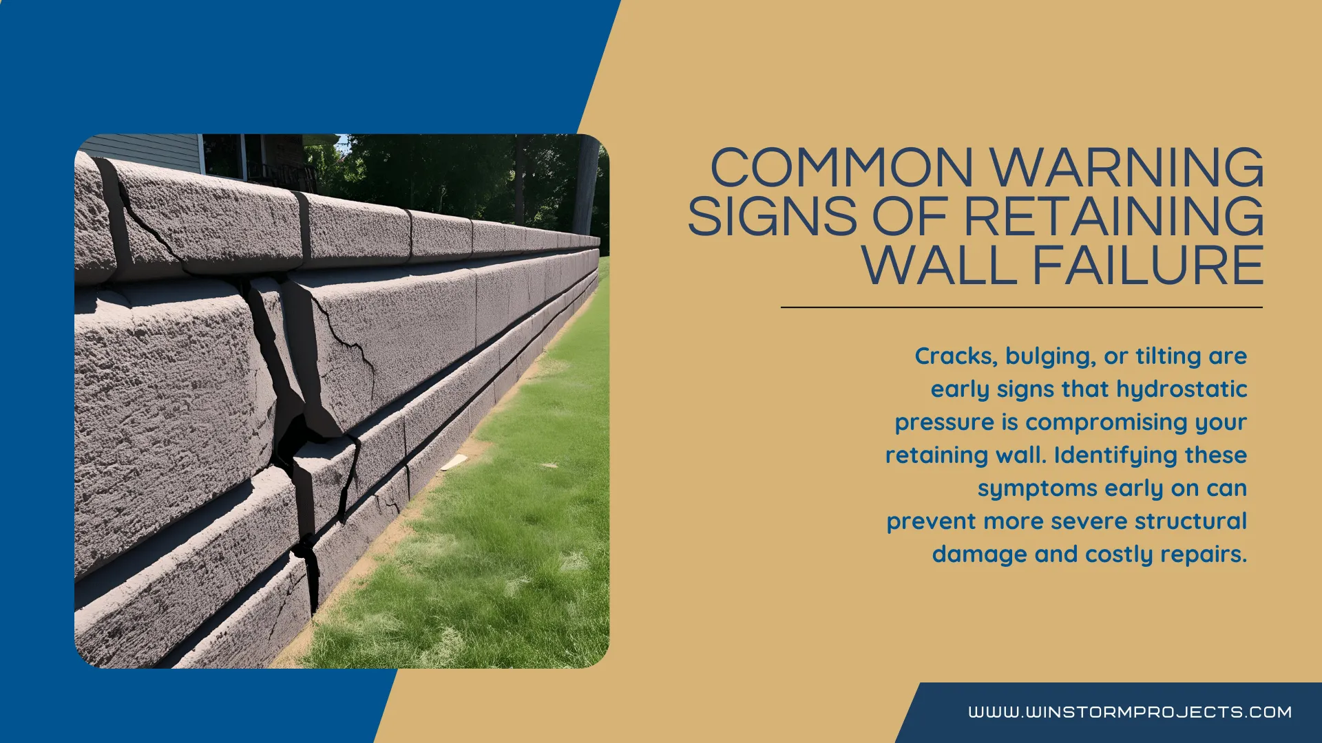 The image shows a cracked retaining wall with a warning about structural failure signs. It provides advice on early detection and repair prevention.