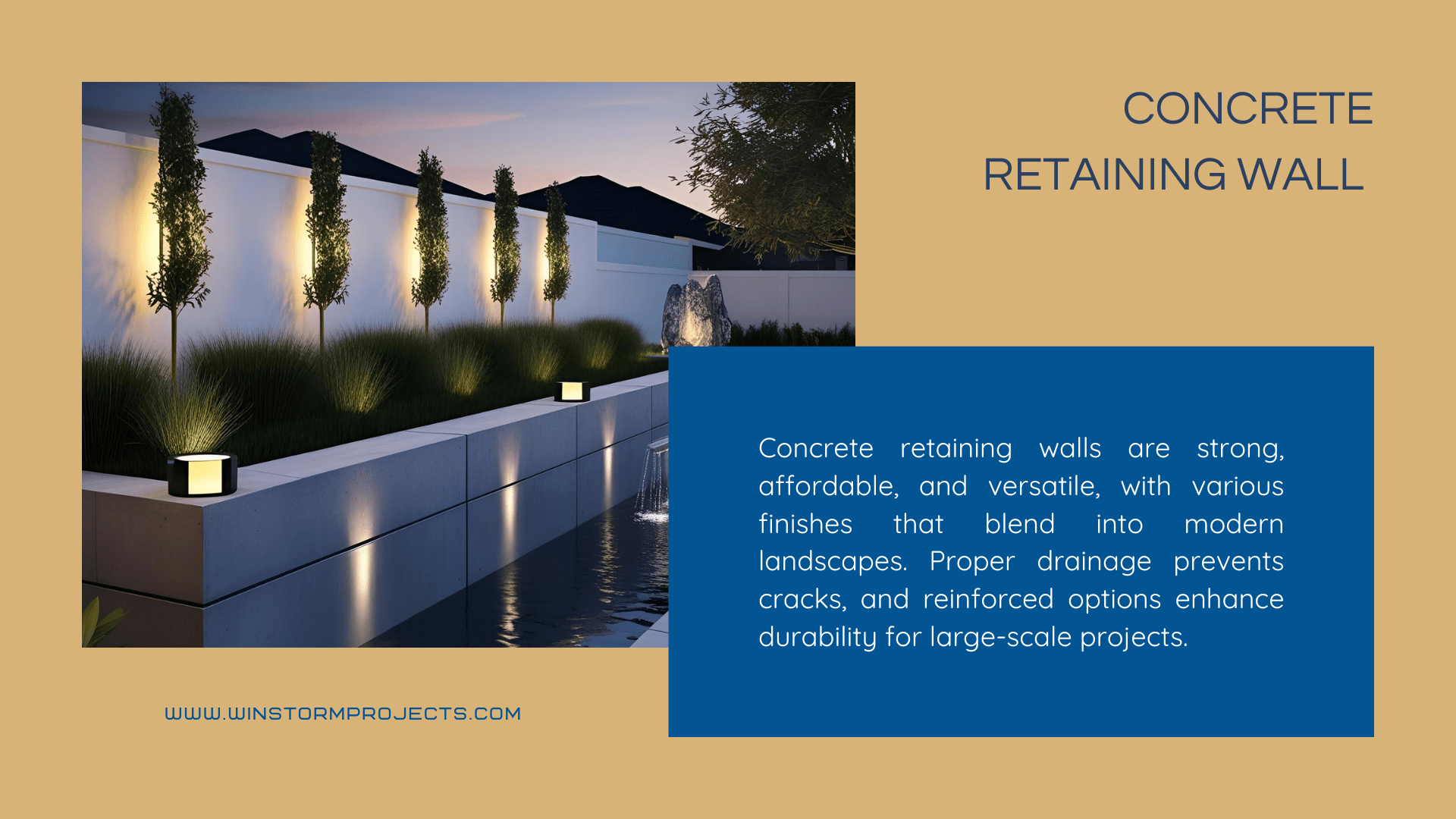 A modern concrete retaining wall with embedded lights, alongside landscaped greenery, highlighted in an advertisement for its strength and versatility.