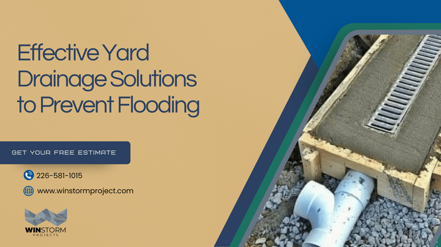 Advertisement for yard drainage solutions prevents flooding. Includes concrete drain image, contact information, and invitation for free estimate, by Winstorm Projects.