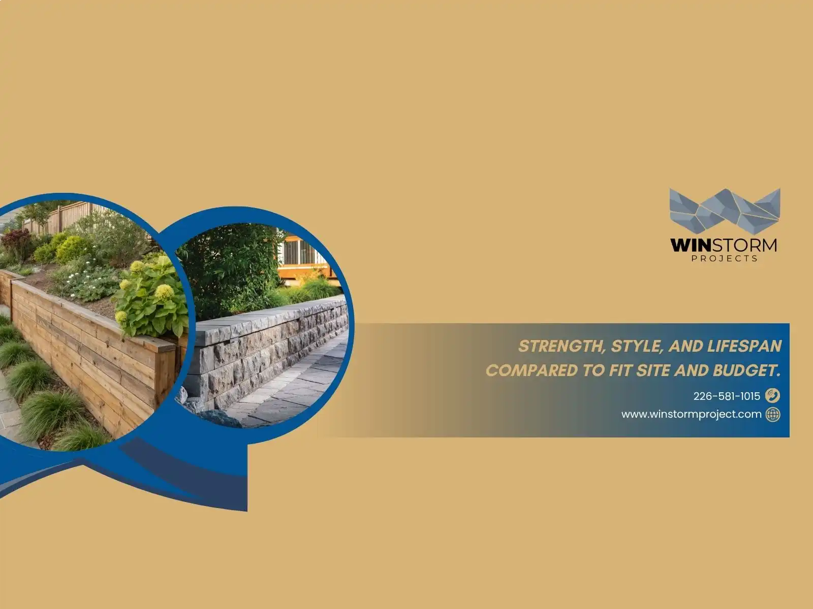 Landscaping design advertisement featuring wooden and stone retaining walls with greenery. Text highlights "strength, style, and lifespan." Includes contact information and logo. No recognizable landmarks.