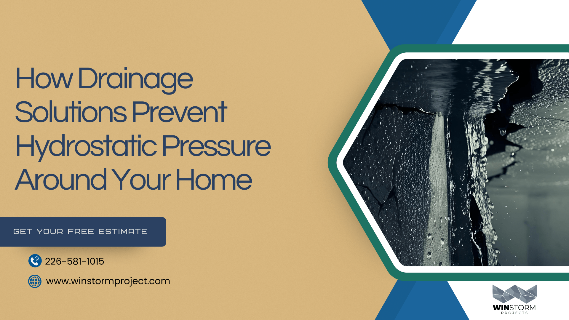 Promotional graphic for drainage solutions preventing hydrostatic pressure. Includes contact information and an image of water seeping through a wall crack.