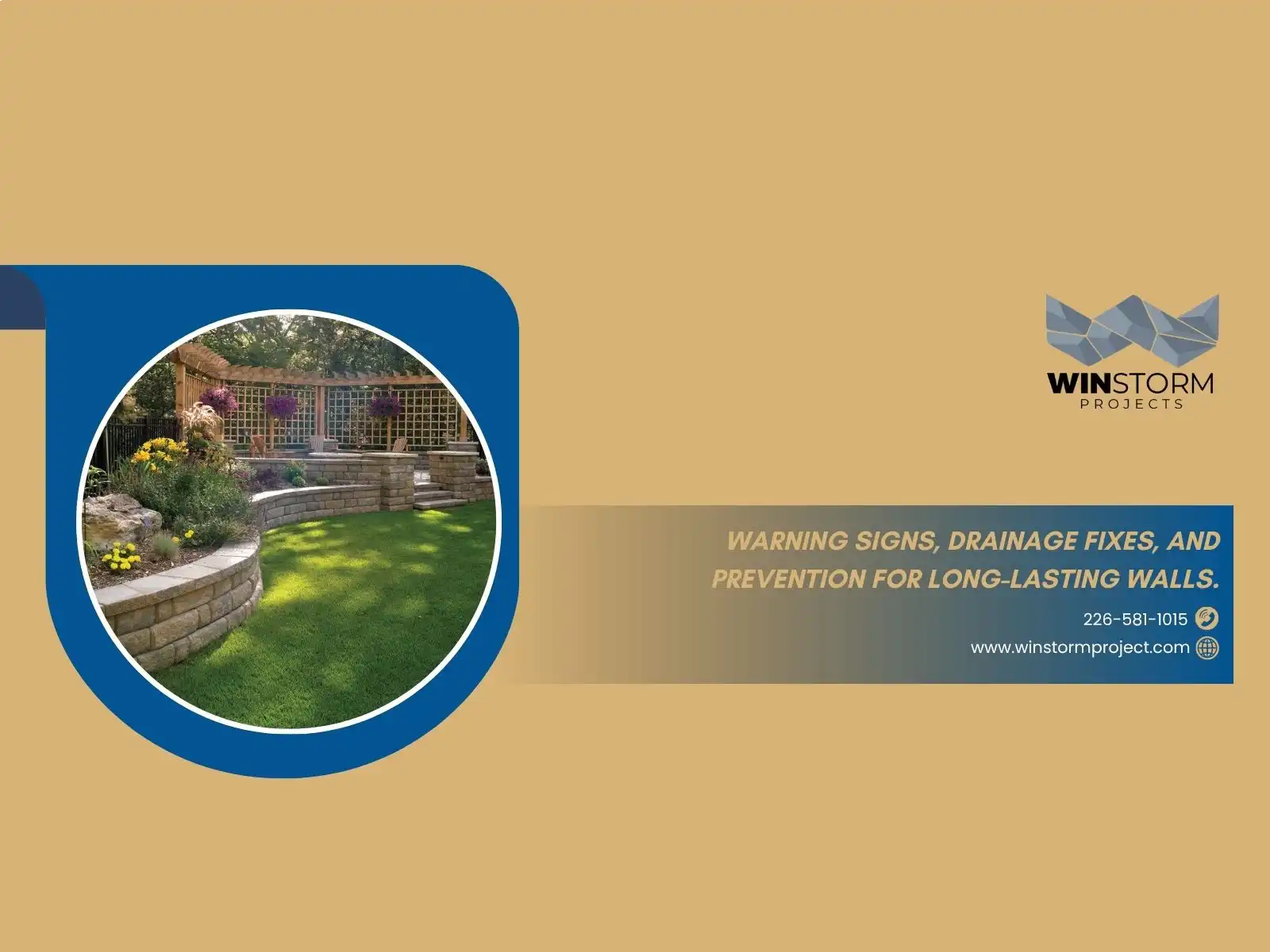 A landscaped garden with stone walls, vibrant flowers, and text promoting wall maintenance services, featuring the WinStorm Projects logo and contact information.