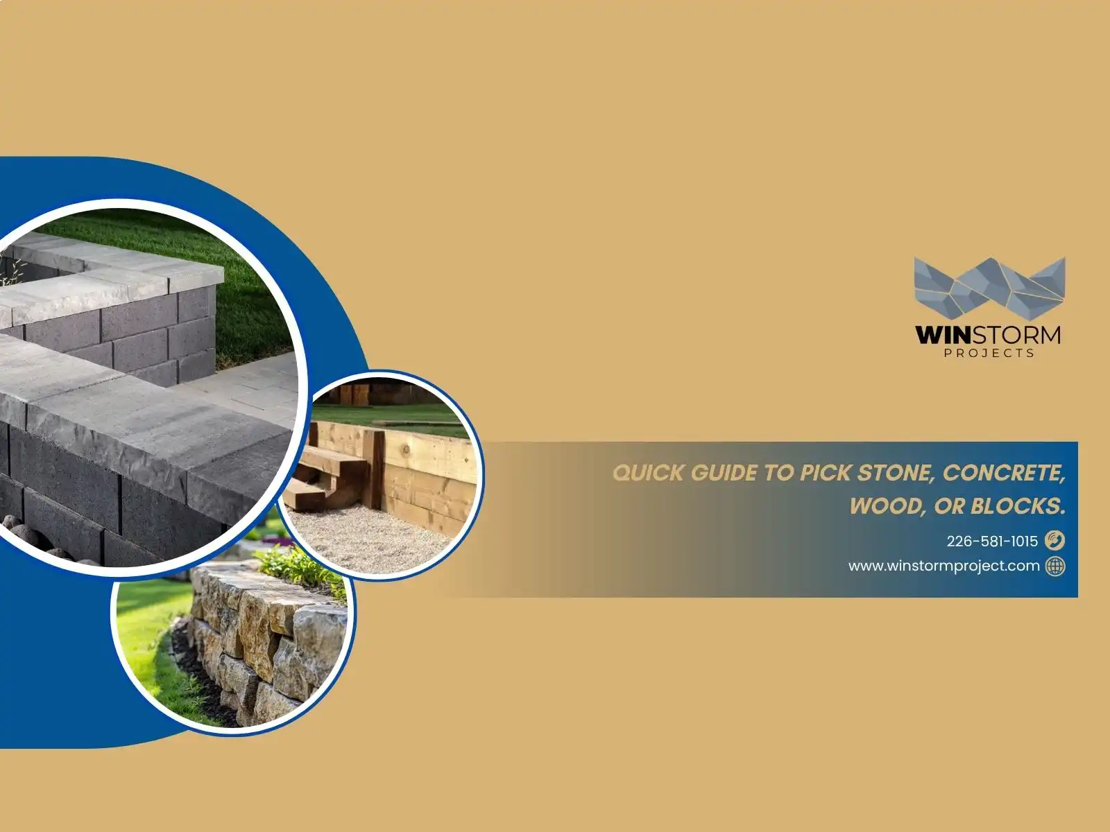 The image features a guide for selecting stone, concrete, wood, or blocks, with various materials shown in circular cutouts.