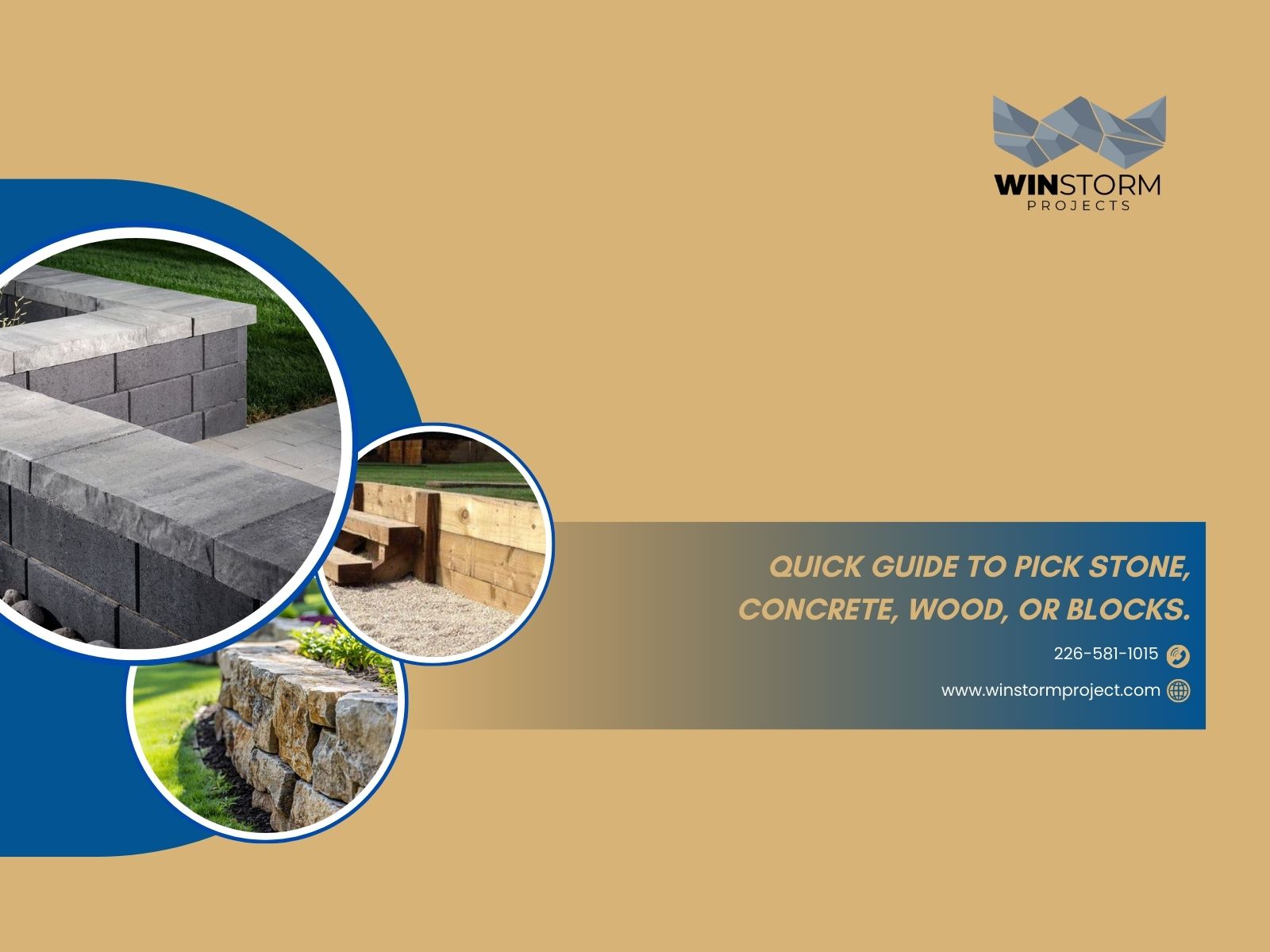 Promotional image for Winstorm Projects, displaying various building materials like stone and wood with contact information and tagline about selecting construction materials.