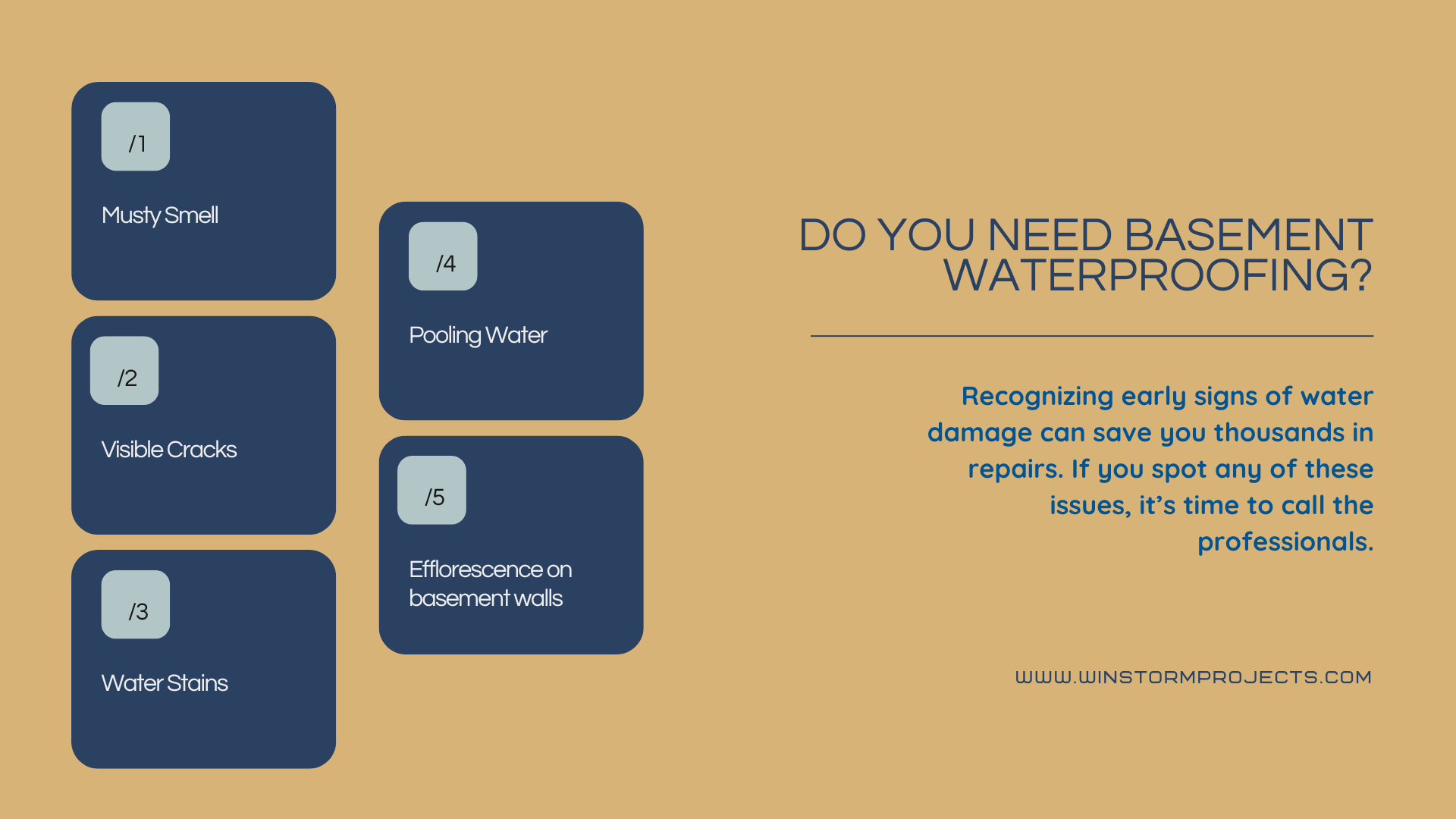 Infographic highlighting five signs of basement water damage: musty smell, visible cracks, water stains, pooling water, and efflorescence.