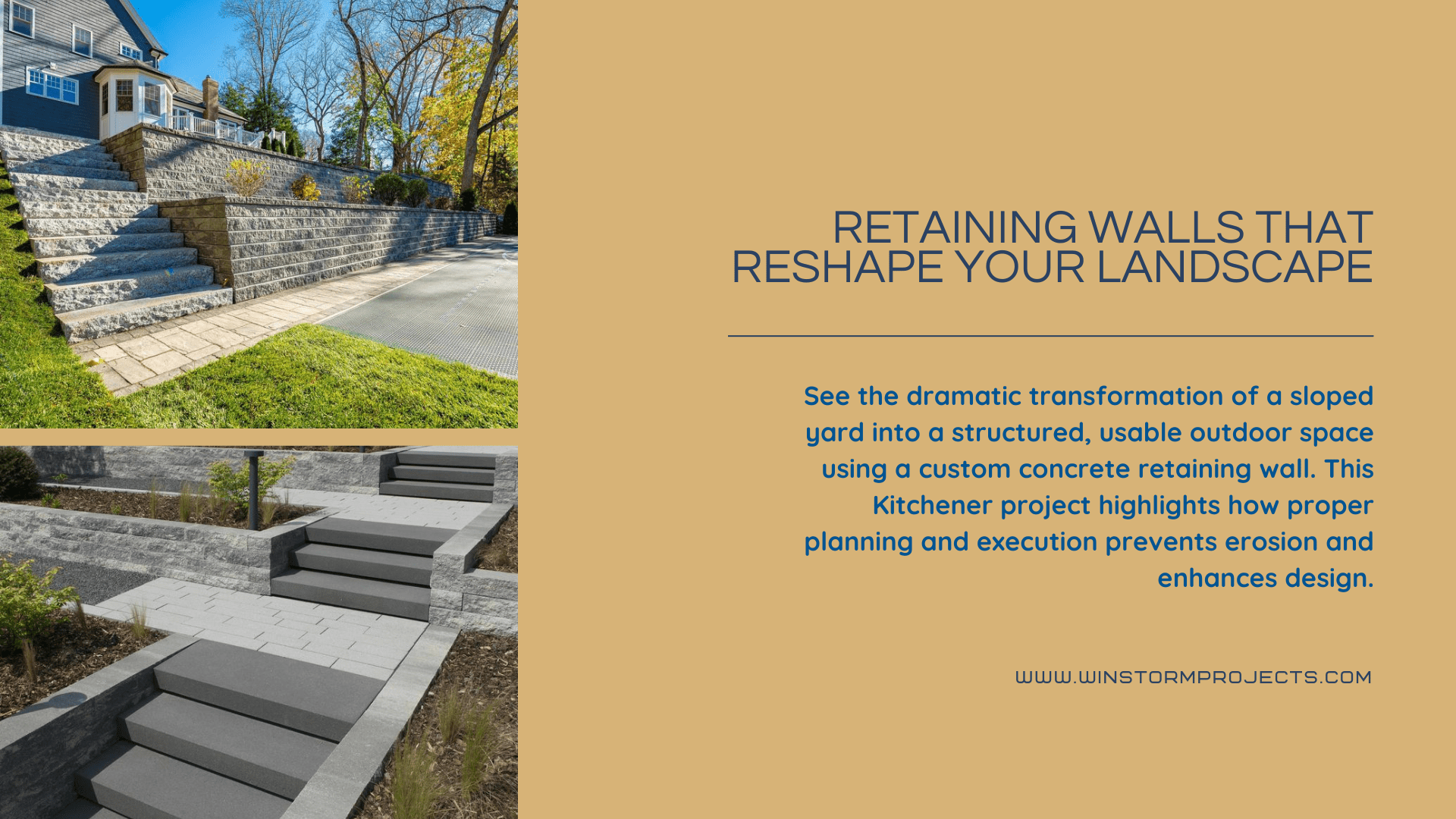 Structured outdoor space features terraced retaining walls and stairs, enhancing a sloped yard. Includes text promoting landscape transformation and proper planning.