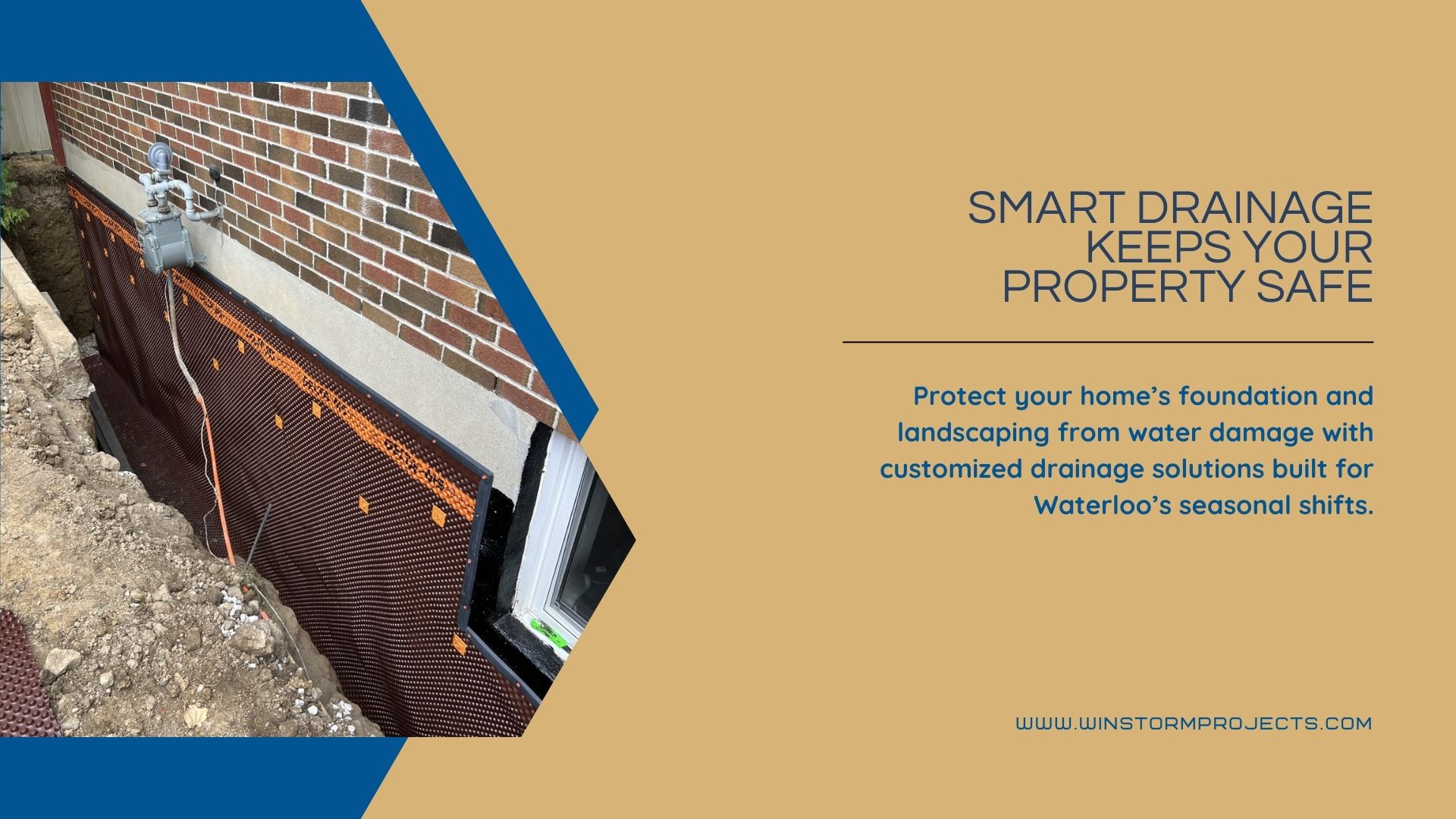 A foundation wall installation is shown beside a promotional message about smart drainage solutions for protecting property in Waterloo from water damage.