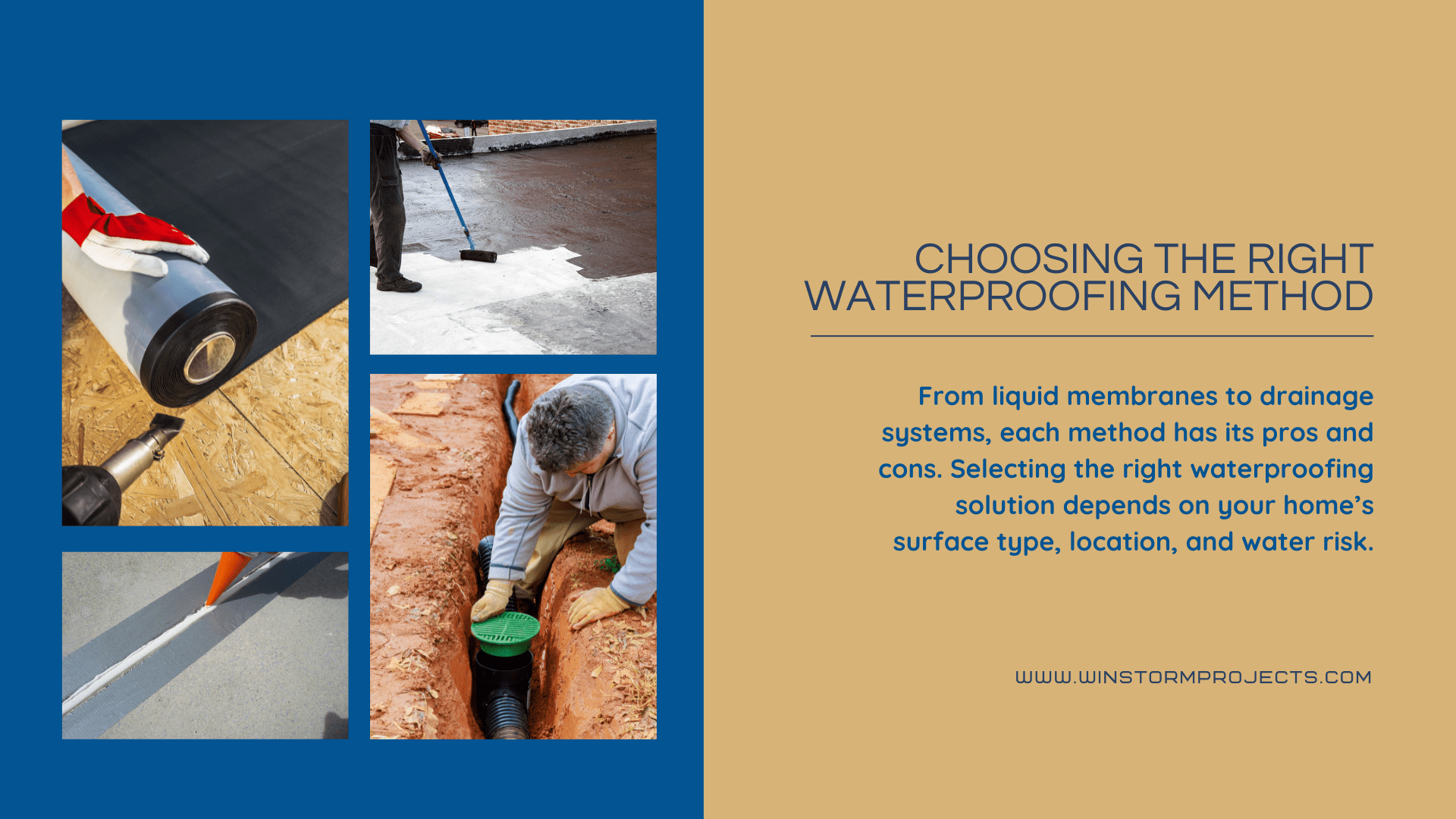 Collage showcasing various waterproofing methods, including liquid membranes and drainage systems. Includes tools and a person working on a trench.