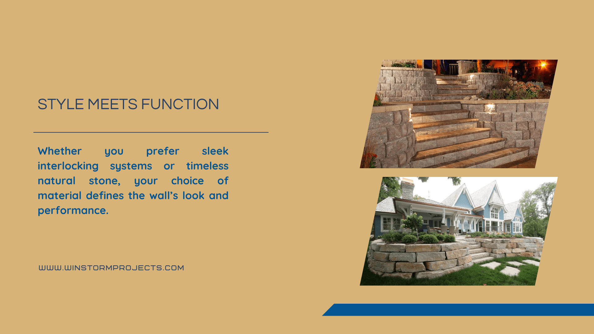 Two images showcase stone wall designs. The text emphasizes style and functionality in building materials. Website link: www.winstormprojects.com.