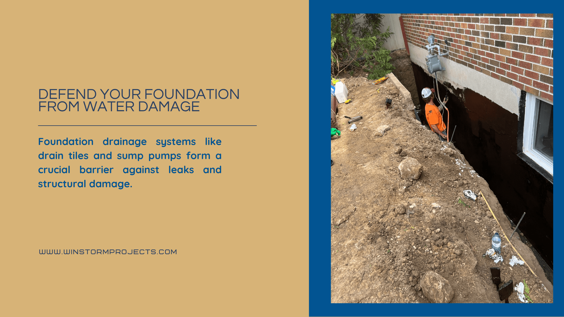 A person in construction gear works on foundation drainage beside a brick building, illustrating protection against water damage. Text offers drainage solutions.