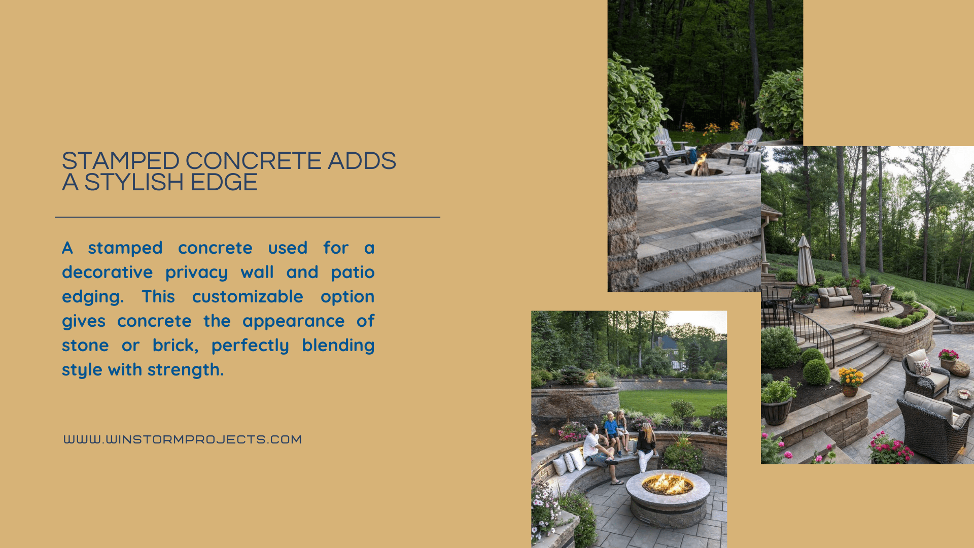 Stamped concrete enhances outdoor spaces with stone-like appearance. Images show patios with fire pits, seating, and lush greenery, providing a stylish touch.
