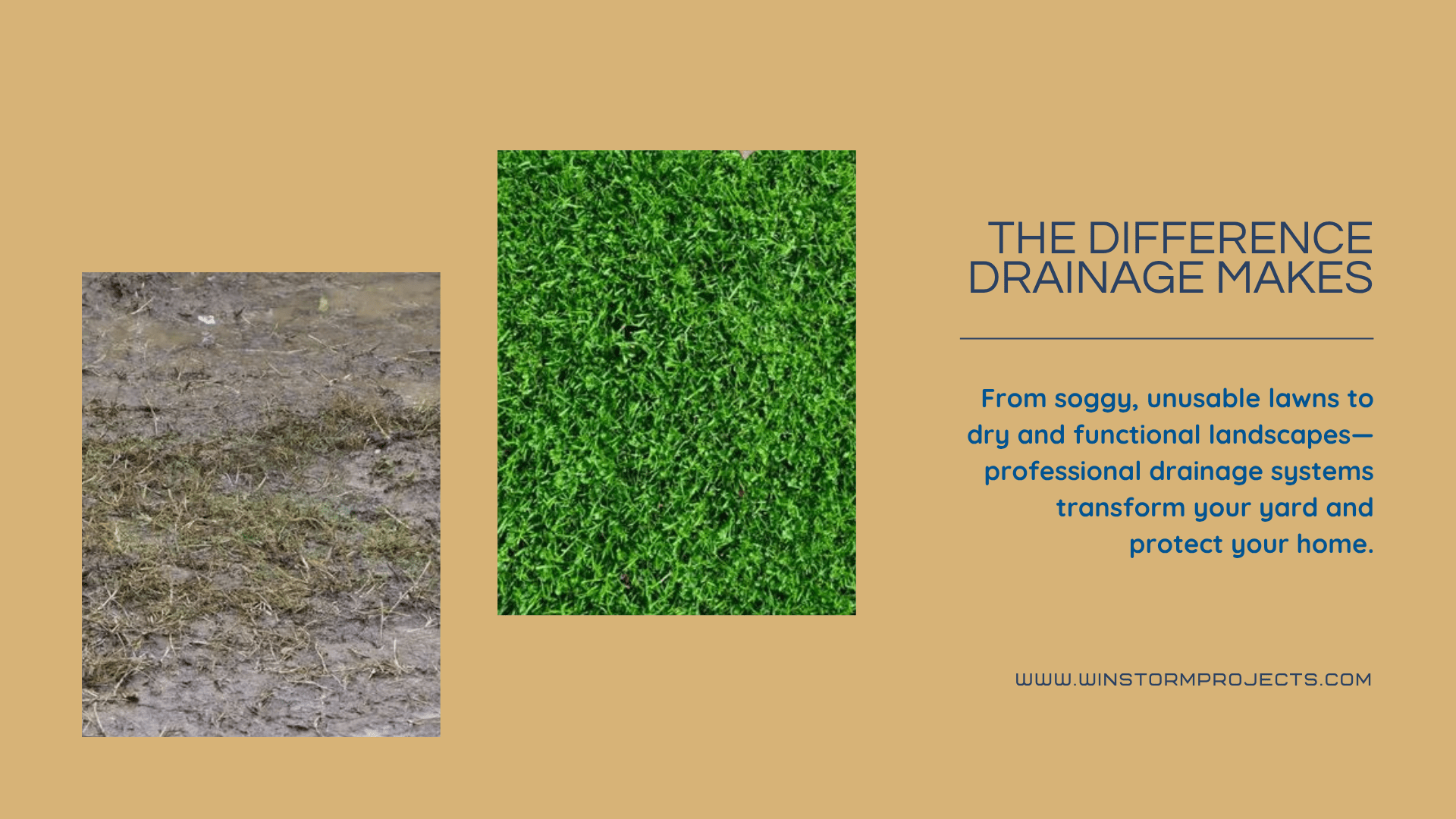 Split image showing muddy grass and vibrant lawn, illustrating landscape transformation with drainage. Text emphasizes functionality and protection. Website link included.