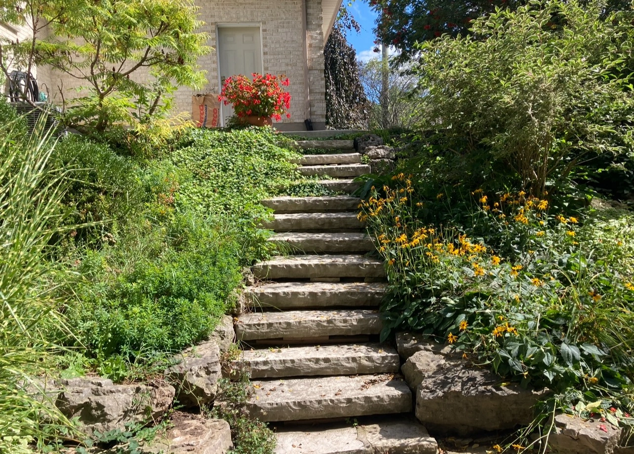 Stone steps lead to a house entrance, surrounded by lush greenery and vibrant flowers. Sunlight filters through, highlighting the garden's beauty.