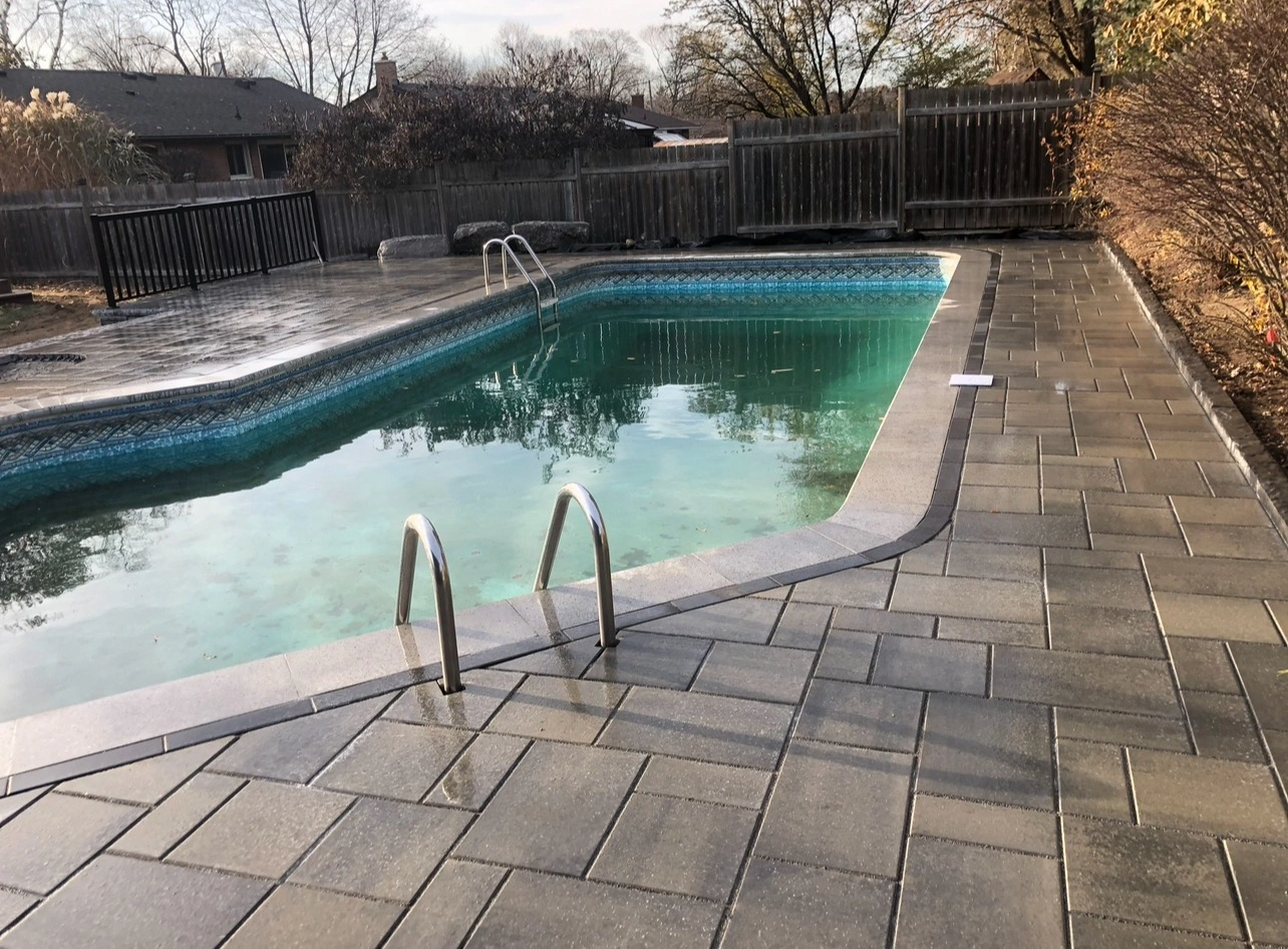 A backyard scene features an empty swimming pool surrounded by stone paving, wooden fence and leafless trees on an overcast day.