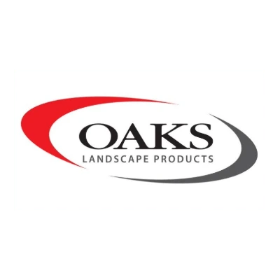 Logo for "OAKS Landscape Products" with red and gray swooshes on a white background, emphasizing a modern, professional brand identity.