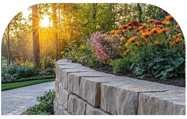 A sunrise illuminates a stone wall lined with vibrant flowers in a tranquil garden surrounded by trees and a stone pathway.