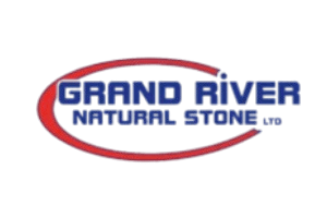 The image features the "Grand River Natural Stone" logo with bold blue text encircled by a red swoosh. Background is transparent.