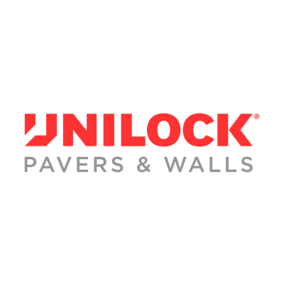 The image shows the Unilock logo with red text saying "Unilock Pavers & Walls" on a transparent background. No landmarks are visible.