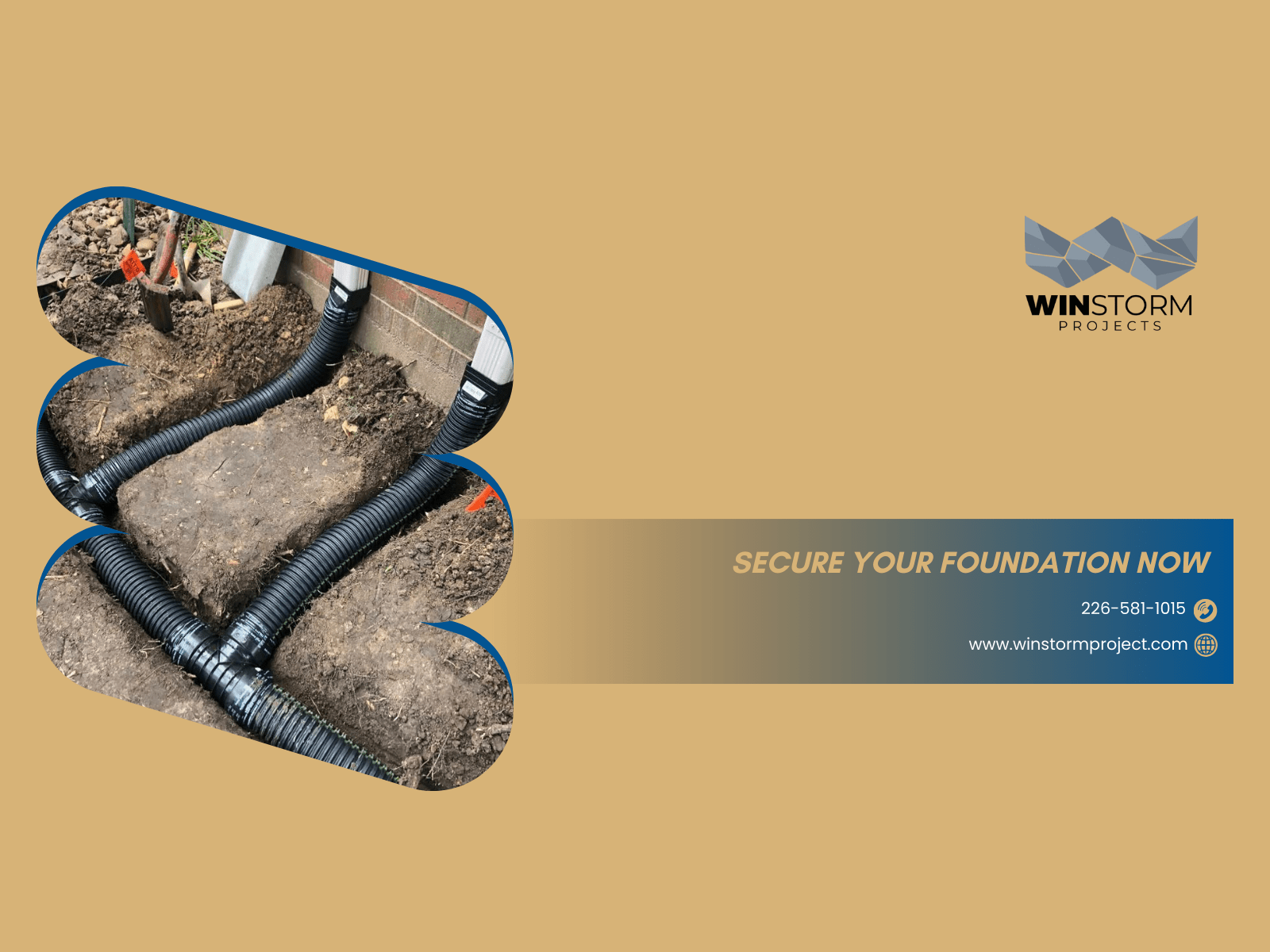 Soil prepared with drainage pipes near a building wall, accompanied by a company logo and contact information for foundation security services.