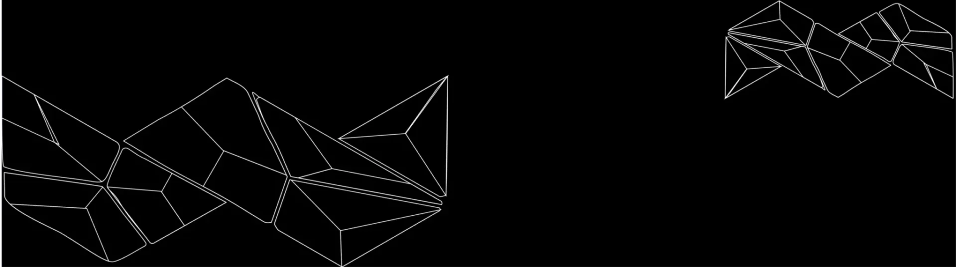 Geometric wireframe pattern on a dark background, featuring interconnected triangular shapes forming abstract, angular structures in a minimalist design style.