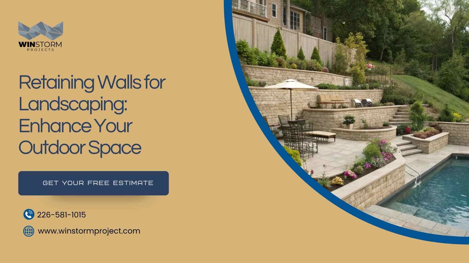 Landscaping advertisement showcasing terraced retaining walls, lush greenery, outdoor seating, and a pool. Includes contact details for a free estimate.