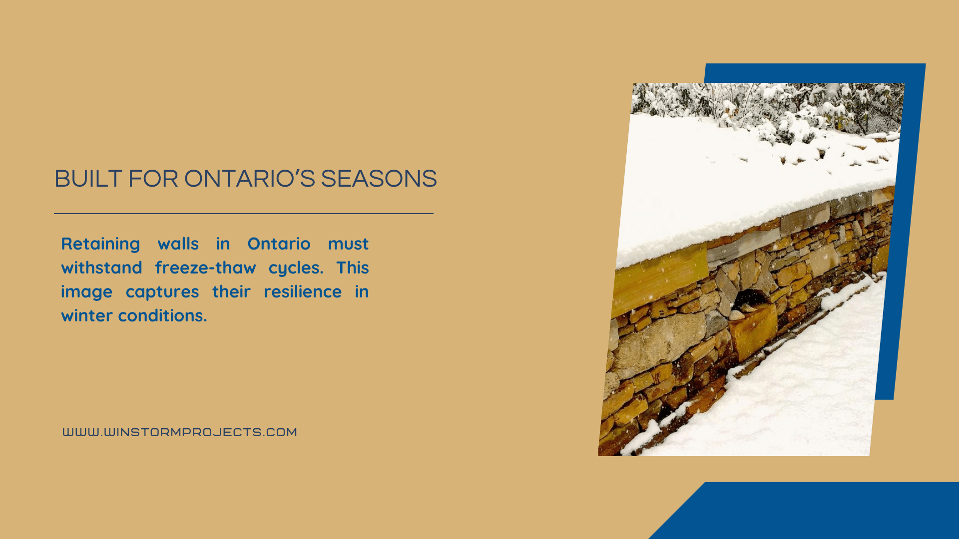 Snow-covered retaining wall in Ontario demonstrates resilience against harsh winter conditions, highlighting the importance of freeze-thaw cycle durability.