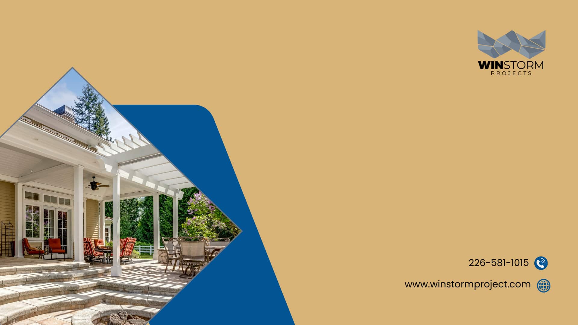 A patio with white pergola and red chairs is surrounded by greenery. The image is part of a promotional flyer for Winstorm Projects.