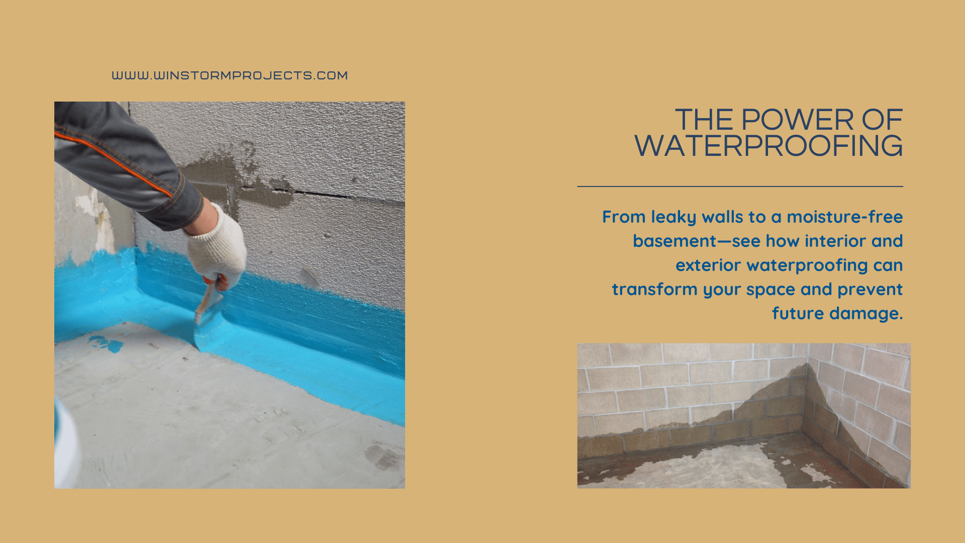 A person applies blue waterproofing to a concrete surface. Text highlights waterproofing benefits, preventing future damage in basements. Website link included.