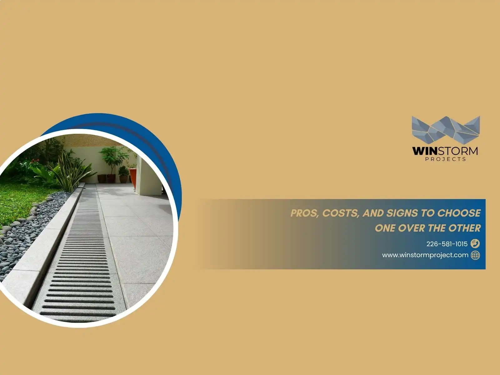 Flyer featuring a modern outdoor drainage system beside a garden, with "WINSTORM Projects" logo and contact details. Beige and blue design elements.