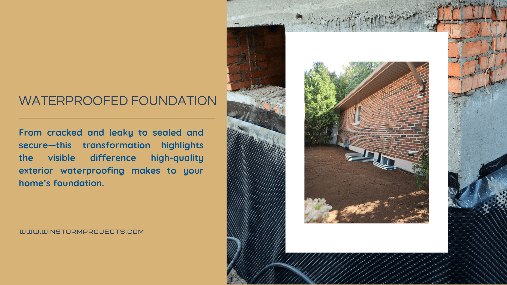 Image highlights a newly waterproofed building foundation with sealed bricks and drainage. Text promotes the benefits of high-quality exterior waterproofing.