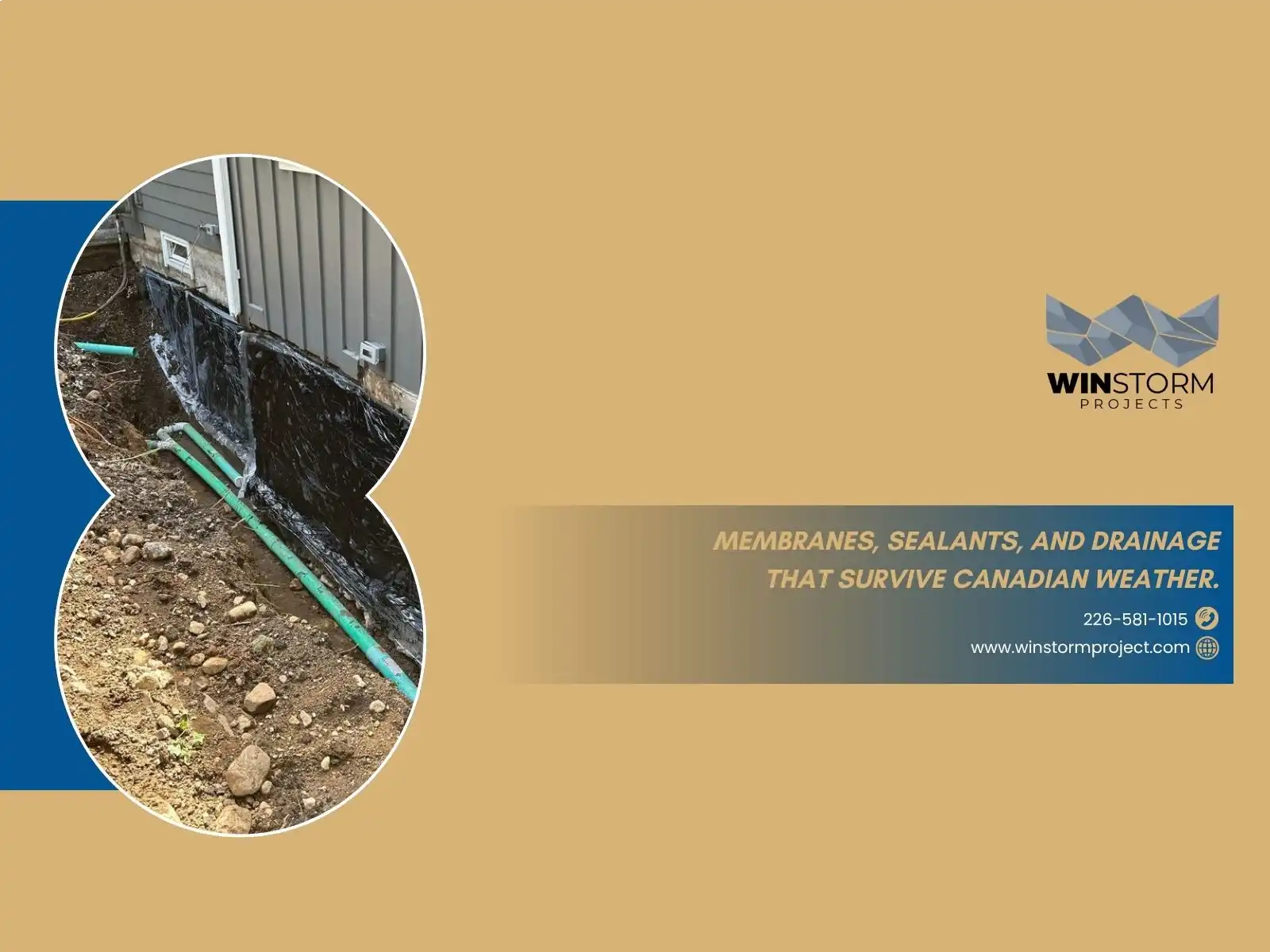 A construction site with drainage work visible beside a building. Text advertises WinStorm Projects, highlighting durable Canadian weatherproofing solutions. Contact information provided.