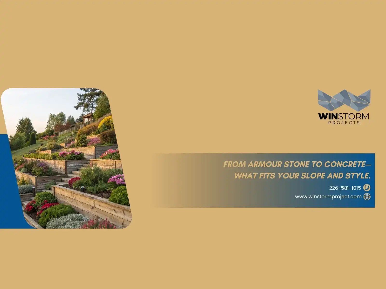Terraced garden with lush greenery and colorful flowers; advertisement banner promoting landscaping services by Winstorm Projects. Contact information and website included.