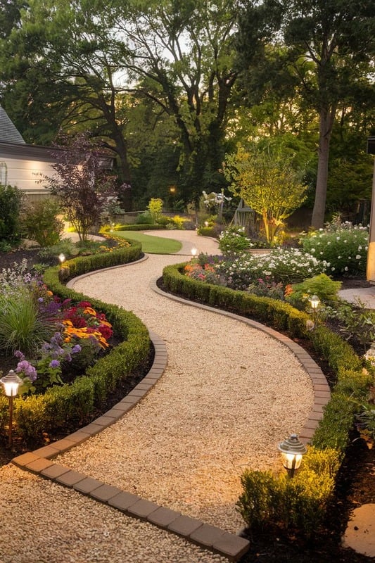 Winding gravel path through a beautifully landscaped garden with colorful flowers, shrubs, and trees. Soft lighting enhances the serene, inviting atmosphere.