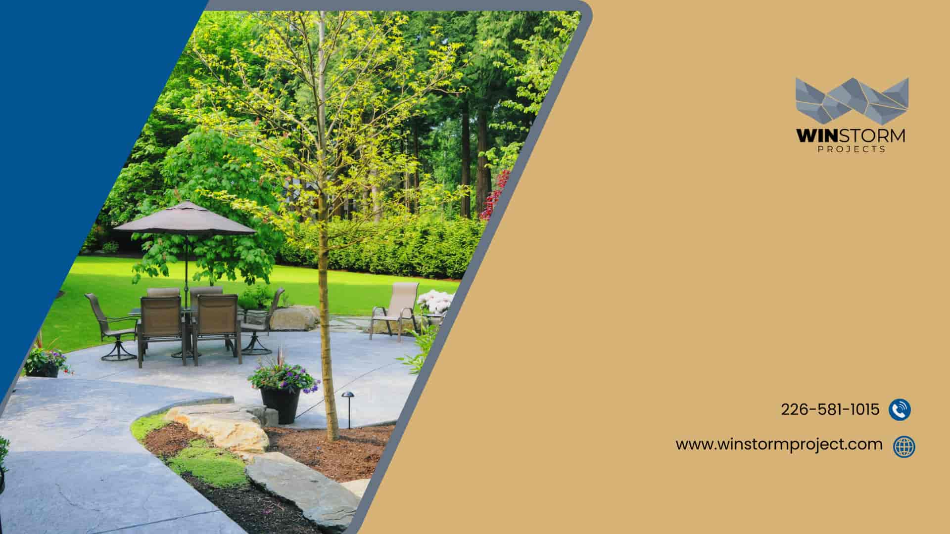 A landscaped garden features a patio with chairs, umbrella, and decorative plants, set against lush greenery. Branding visible beside the image.