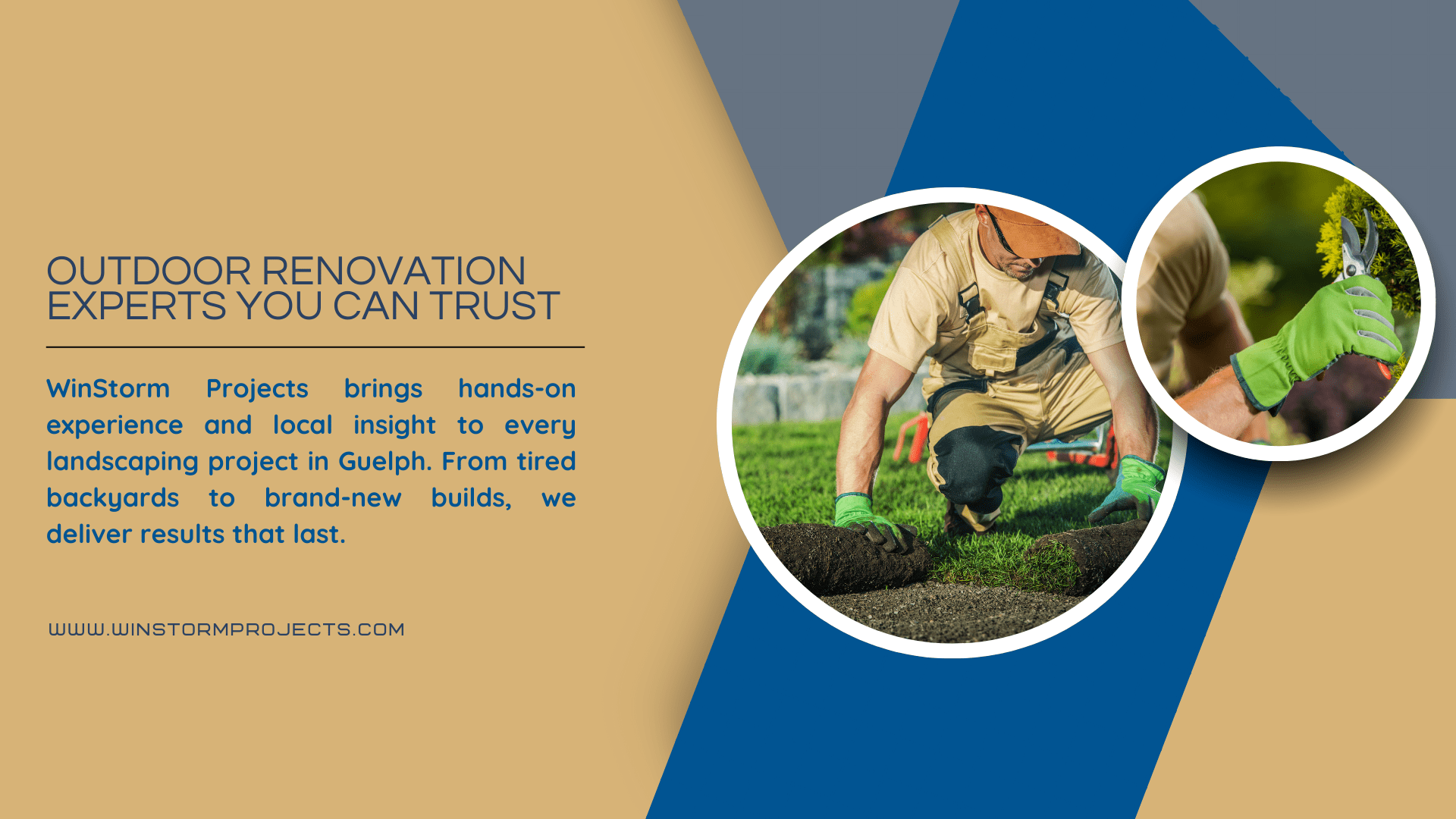 The image features WinStorm Projects' landscaping services, showing a person gardening. Includes text on outdoor renovation expertise in Guelph.