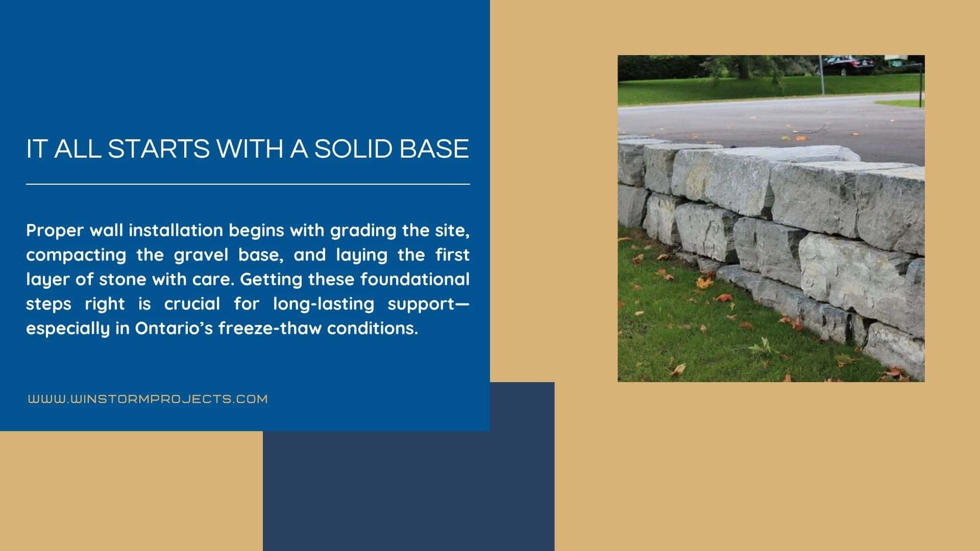 The image discusses the importance of a solid base for wall installation, highlighting steps for long-lasting support, particularly in Ontario's conditions.