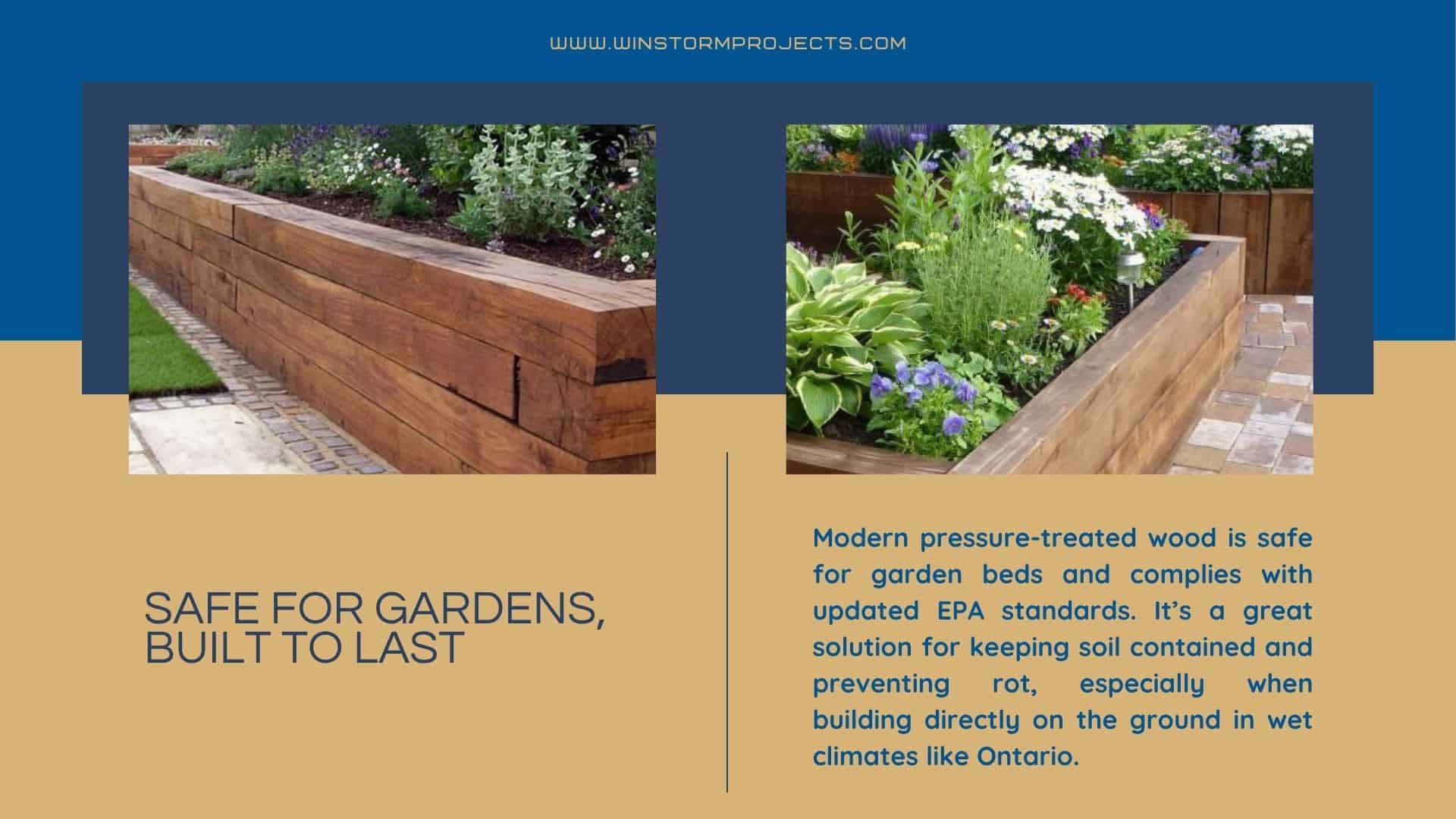 The image shows garden beds made from pressure-treated wood, designed for durability and compliance with EPA standards, ideal for wet climates like Ontario.