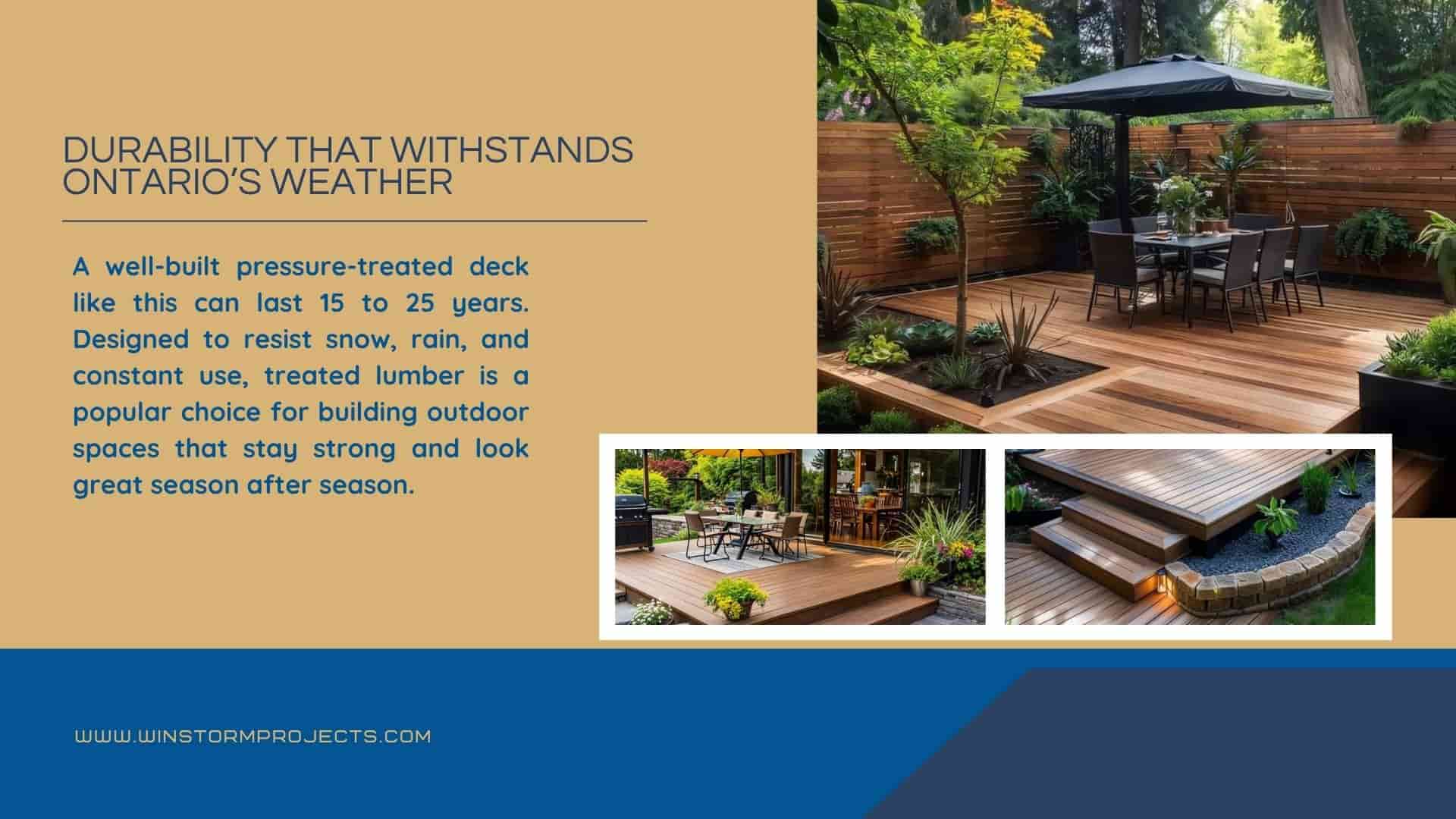 Stylish wooden deck with outdoor furniture, plants, and umbrella. Text highlights durability in Ontario's weather. Small inset images show varied deck designs.