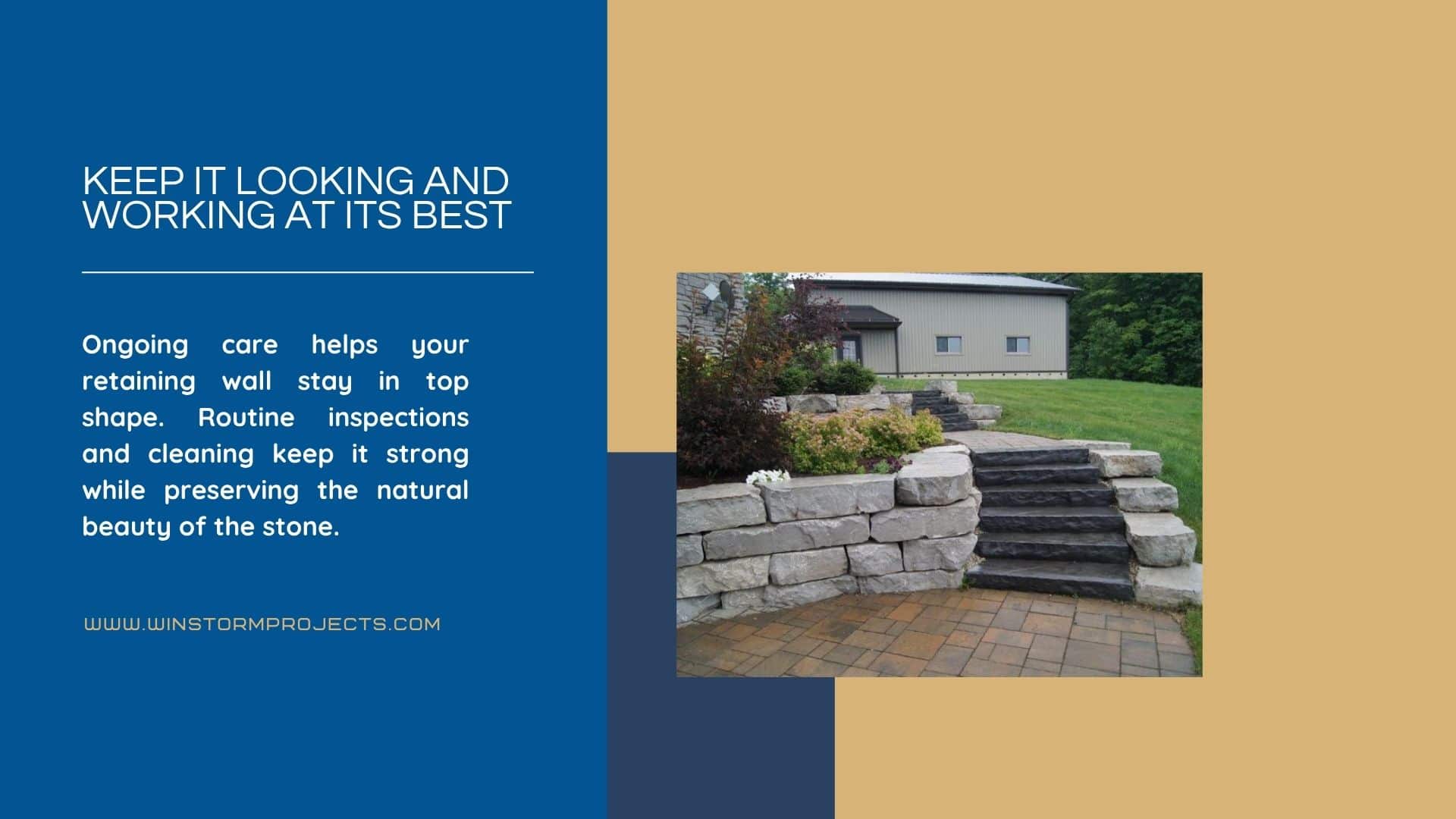 Blue and tan presentation about preserving retaining walls. Includes text on maintenance benefits and a photo of stone steps and landscaping.