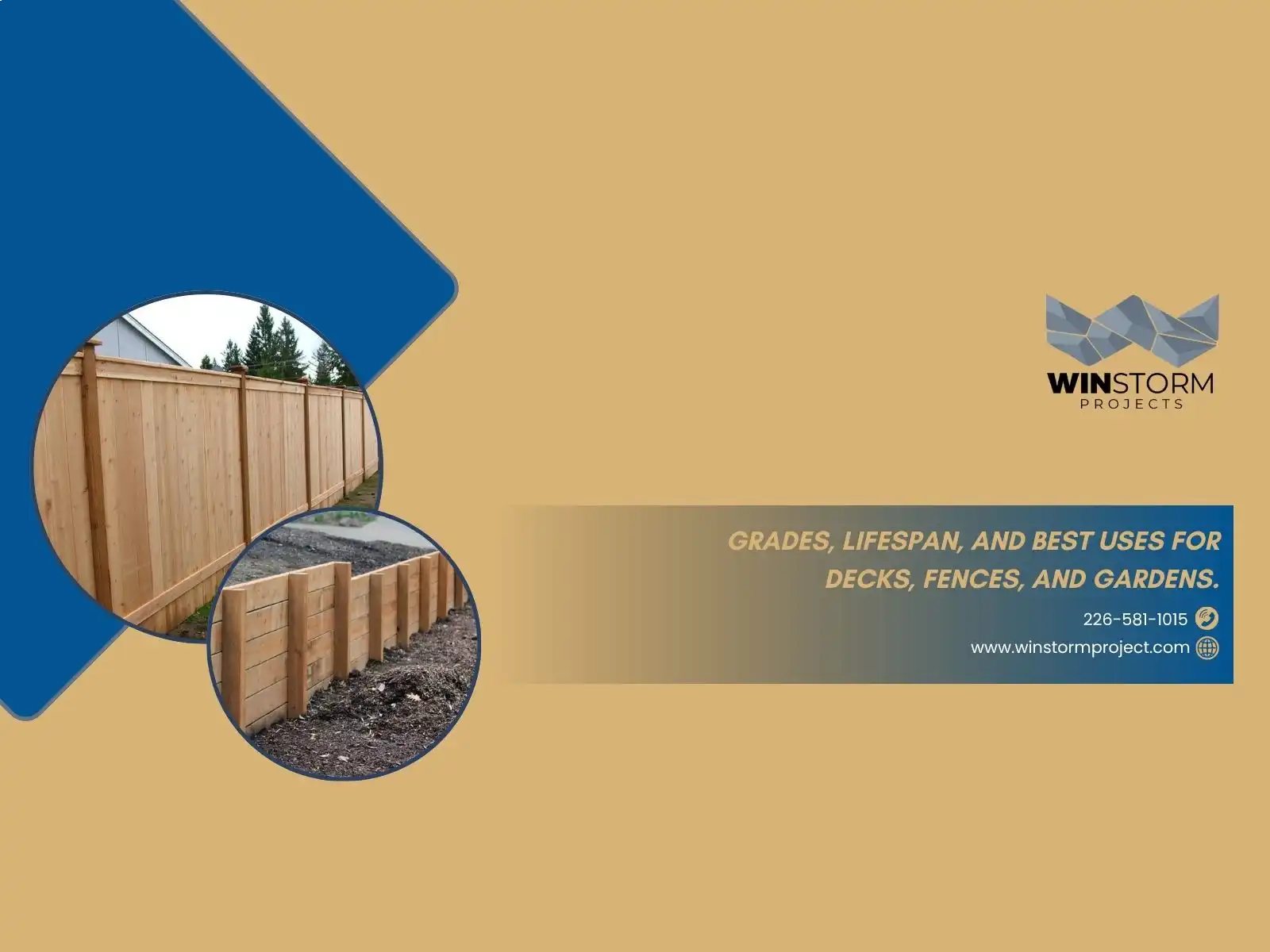 An advertisement from Winstorm Projects featuring wooden fences, focusing on grades, lifespan, and uses for decks, fences, and gardens. Contact information included.