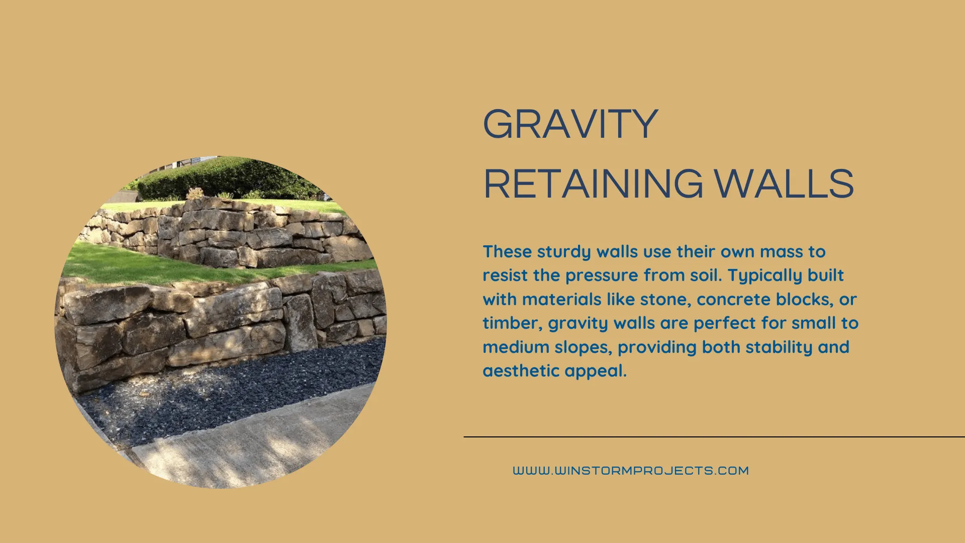 The image features a gravity retaining wall made of stacked stones, displaying its stability and aesthetic appeal on a sloped landscape.