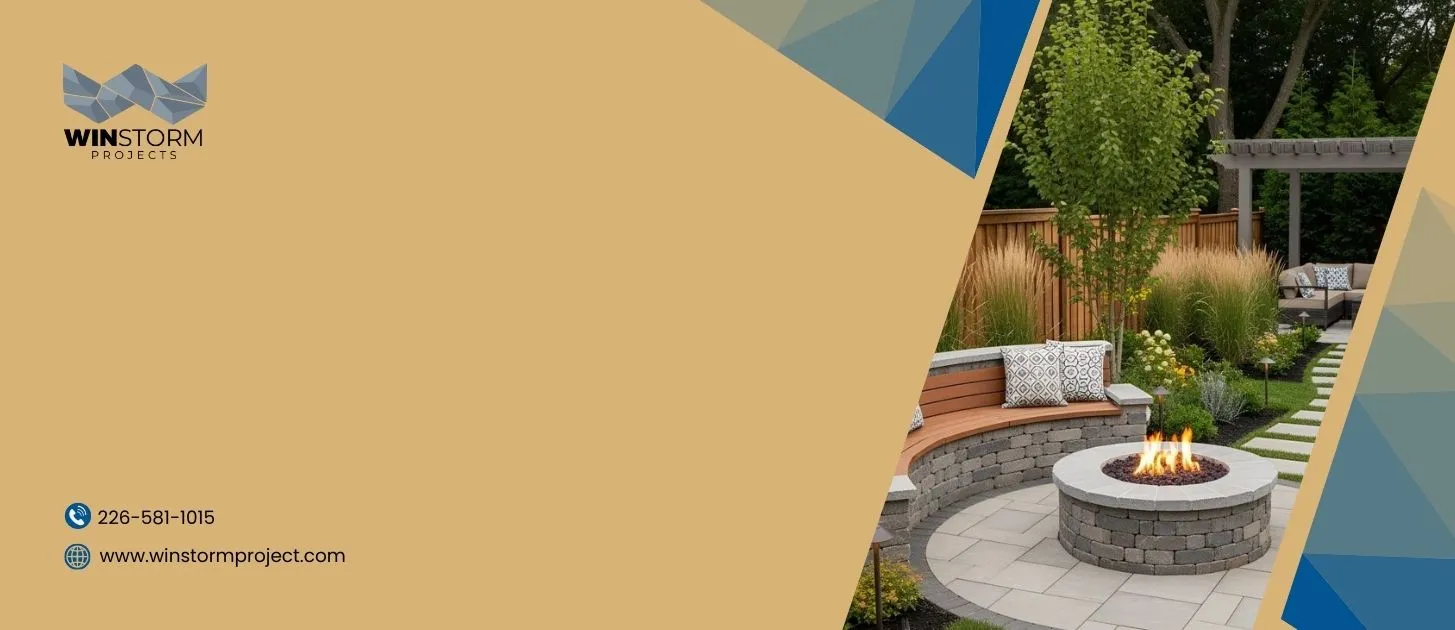 Outdoor seating area with circular stone fire pit, wooden benches, lush greenery, and a modern pergola. "Winstorm Projects" branding on beige background.